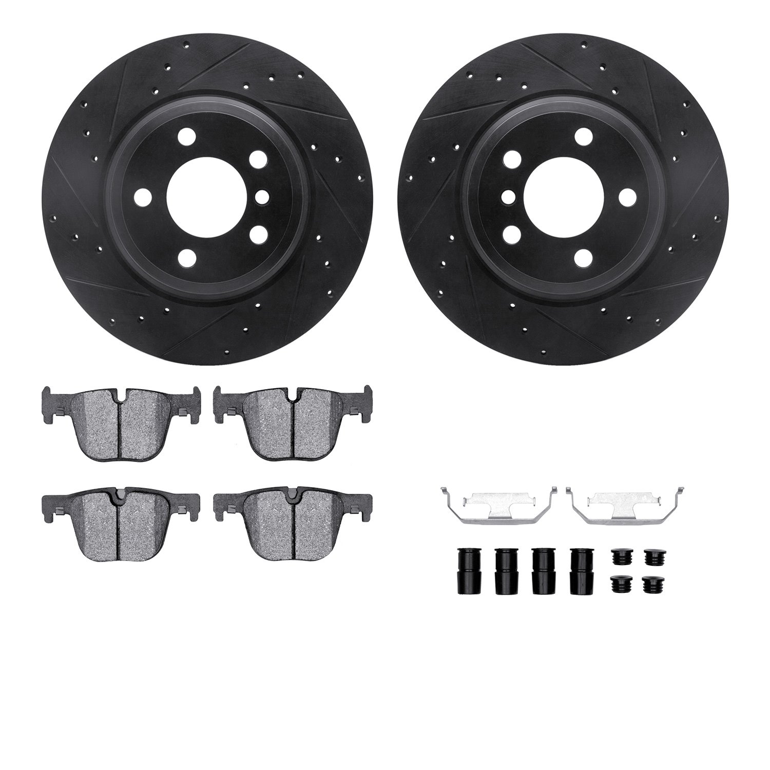 8312-31114 Drilled/Slotted Brake Rotors with 3000-Series Ceramic Brake Pads Kit & Hardware [Black], 2012-2020 BMW, Position: Rea