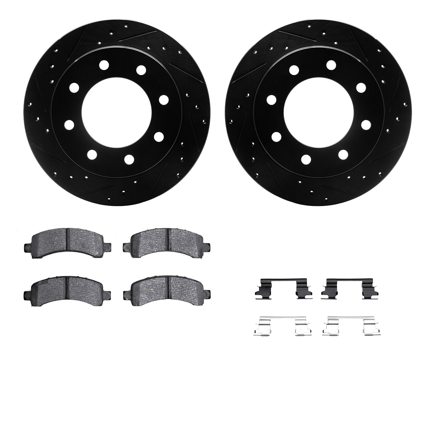 8312-48051 Drilled/Slotted Brake Rotors with 3000-Series Ceramic Brake Pads Kit & Hardware [Black], 2003-2020 GM, Position: Rear