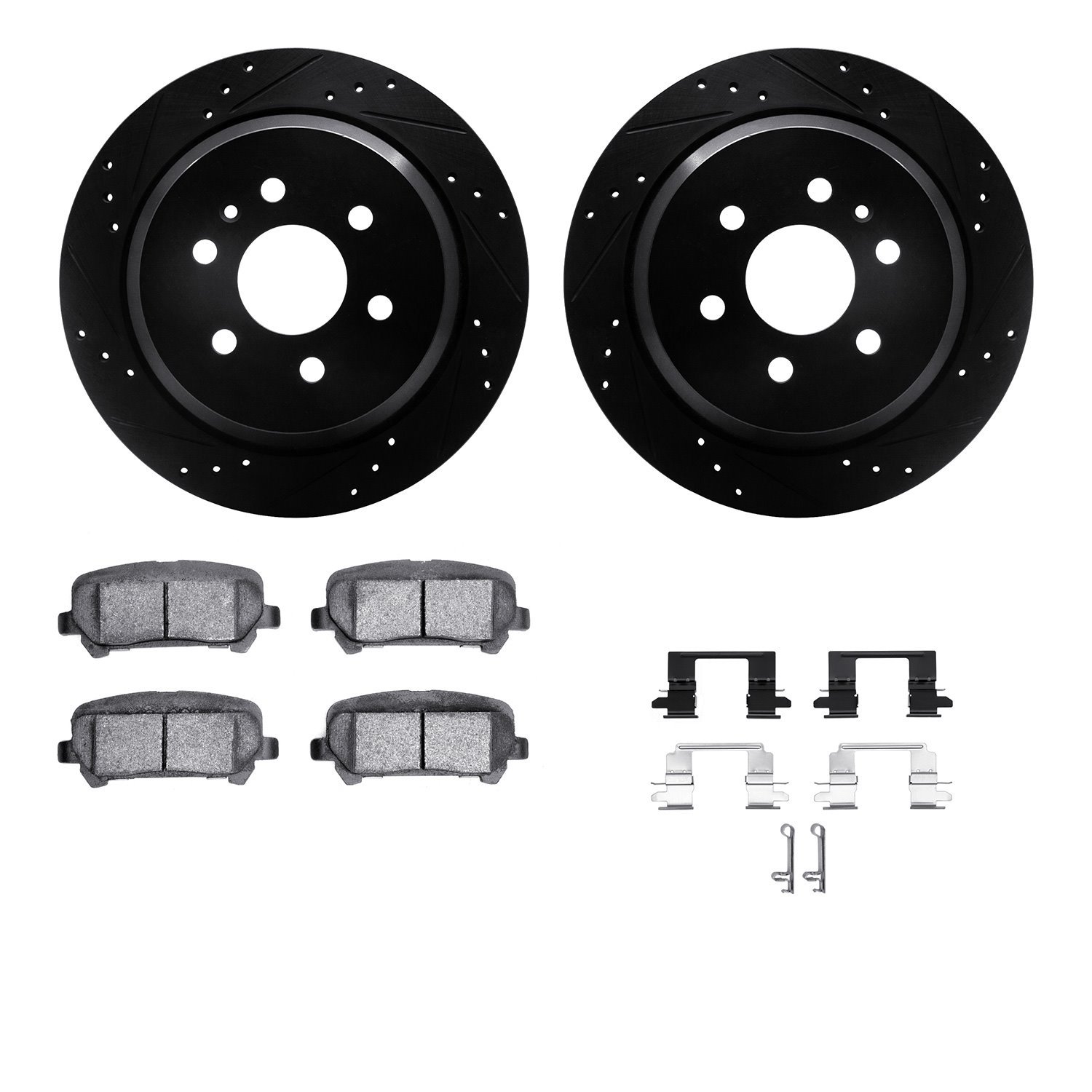 8312-48072 Drilled/Slotted Brake Rotors with 3000-Series Ceramic Brake Pads Kit & Hardware [Black], 2015-2020 GM, Position: Rear