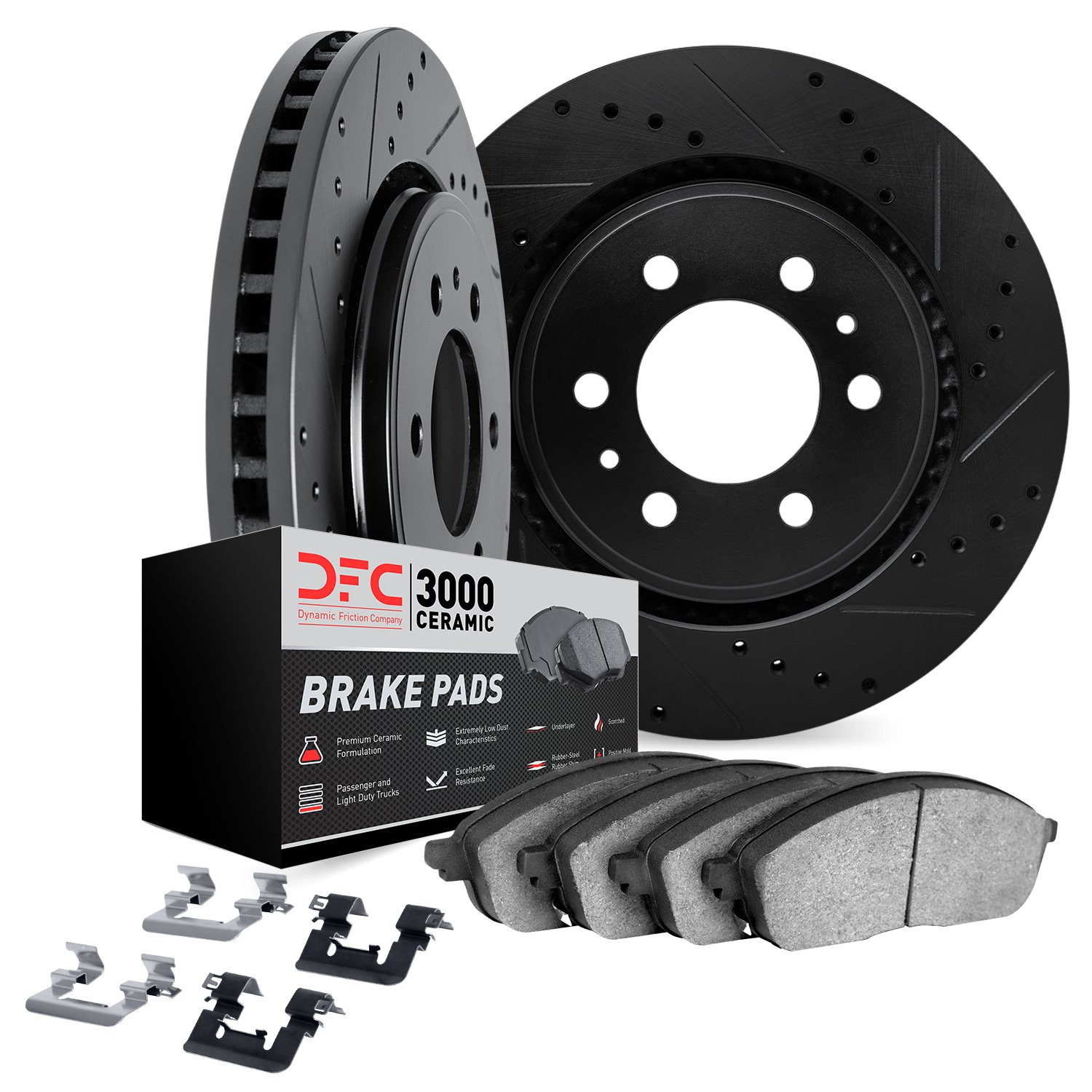 8312-48074 Drilled/Slotted Brake Rotors with 3000-Series Ceramic Brake Pads Kit & Hardware [Black], 2017-2020 GM, Position: Rear