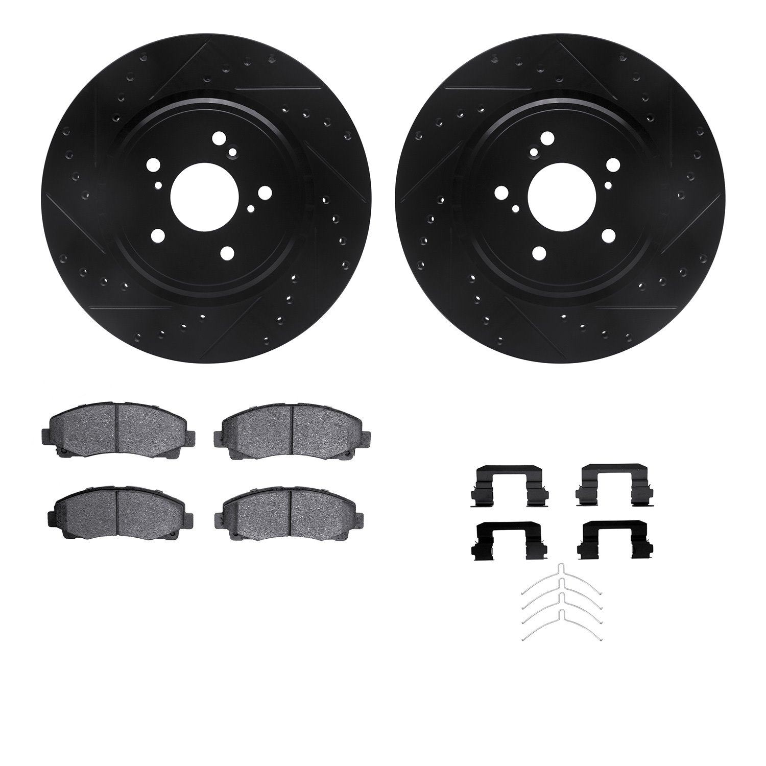 8312-58025 Drilled/Slotted Brake Rotors with 3000-Series Ceramic Brake Pads Kit & Hardware [Black], 2015-2020 Acura/Honda, Posit