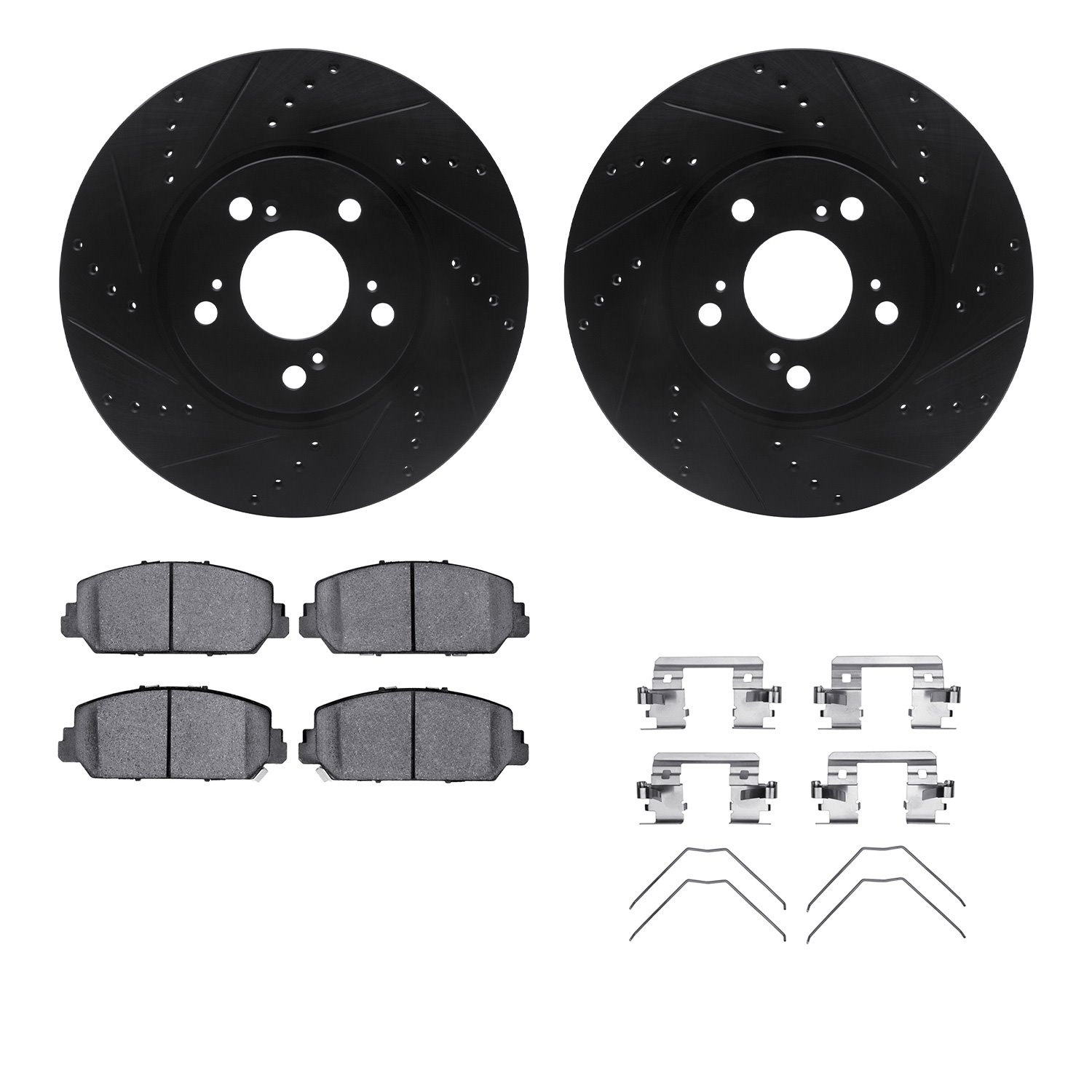 8312-58026 Drilled/Slotted Brake Rotors with 3000-Series Ceramic Brake Pads Kit & Hardware [Black], 2014-2020 Acura/Honda, Posit