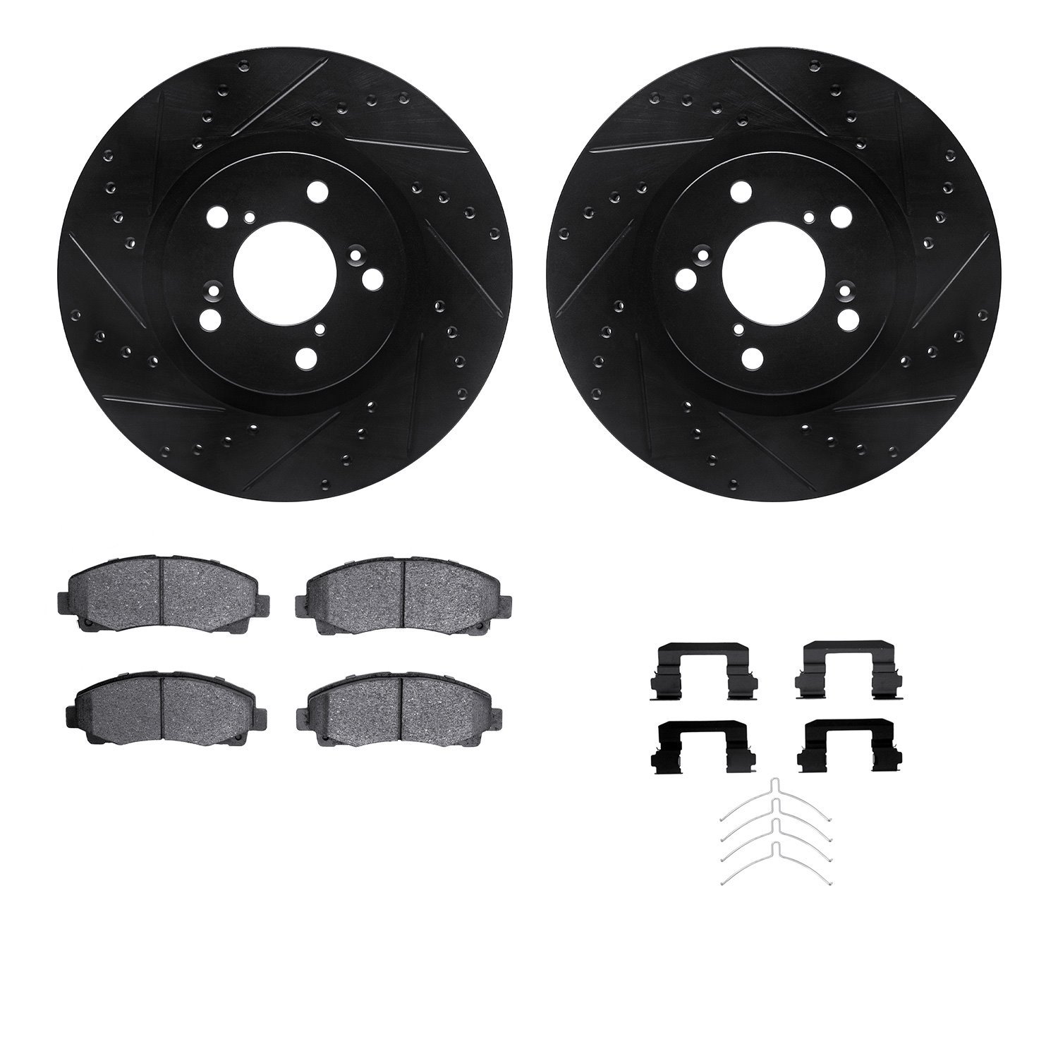 8312-59093 Drilled/Slotted Brake Rotors with 3000-Series Ceramic Brake Pads Kit & Hardware [Black], 2009-2014 Acura/Honda, Posit