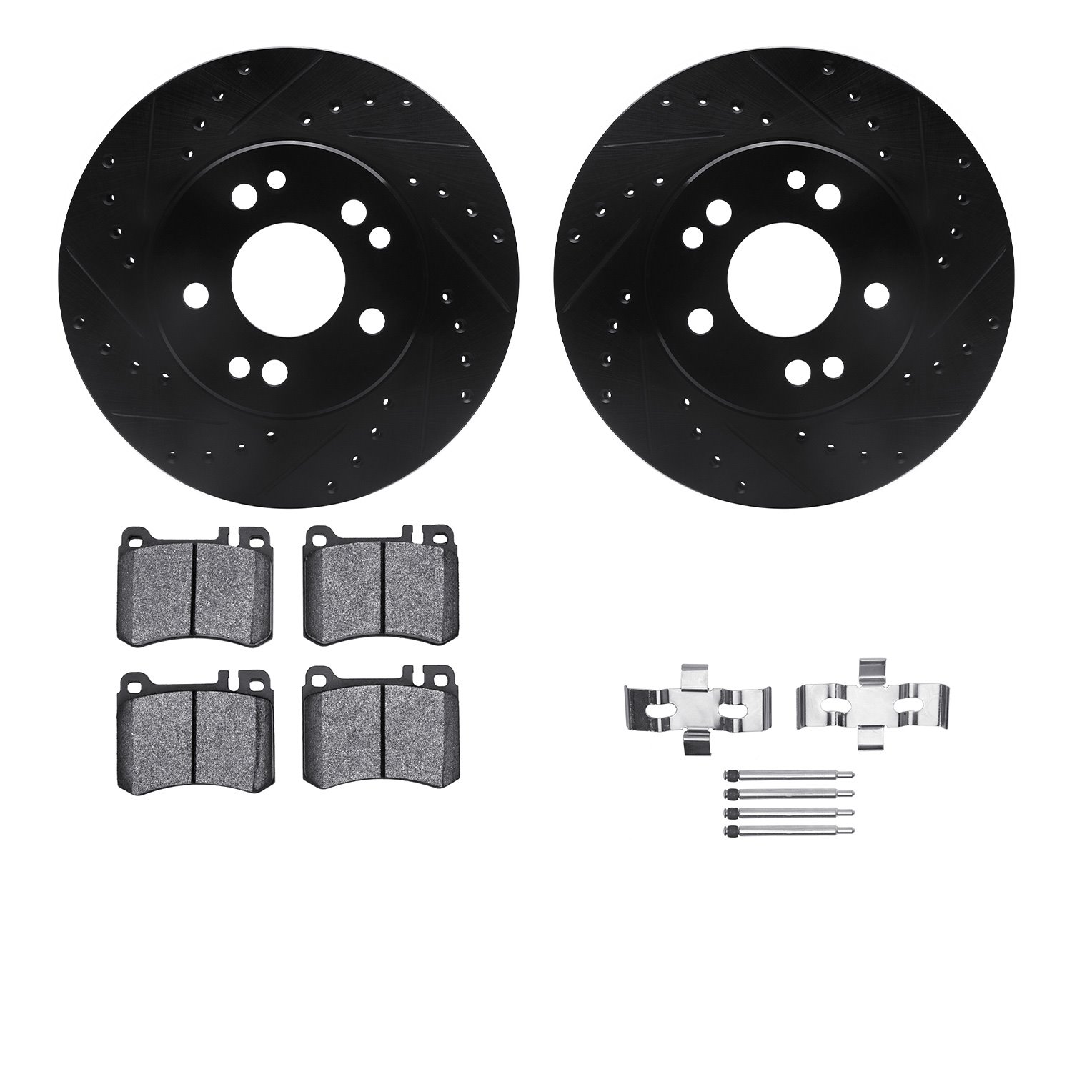 8312-63034 Drilled/Slotted Brake Rotors with 3000-Series Ceramic Brake Pads Kit & Hardware [Black], 1986-1989 Mercedes-Benz, Pos