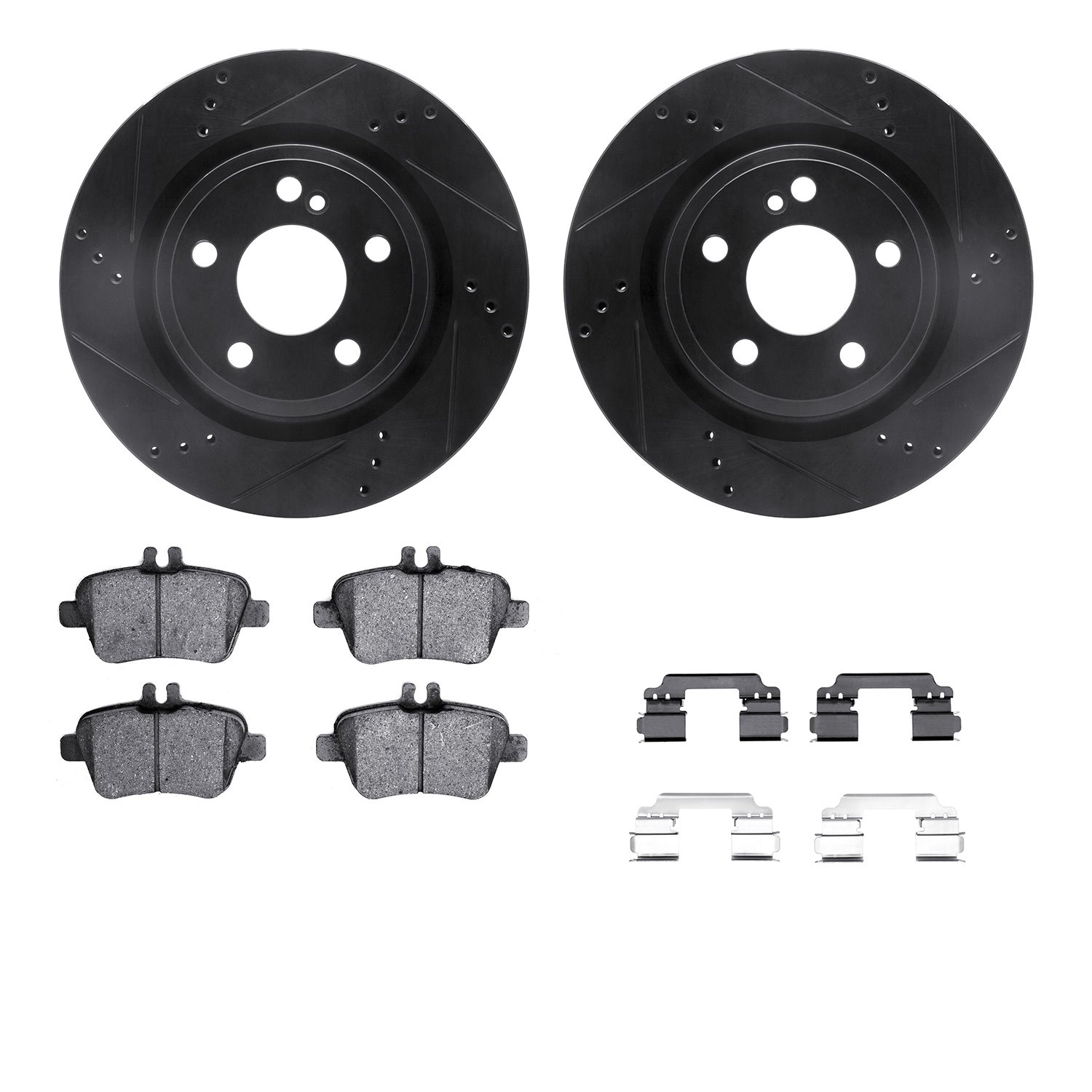 8312-63137 Drilled/Slotted Brake Rotors with 3000-Series Ceramic Brake Pads Kit & Hardware [Black], 2014-2019 Mercedes-Benz, Pos