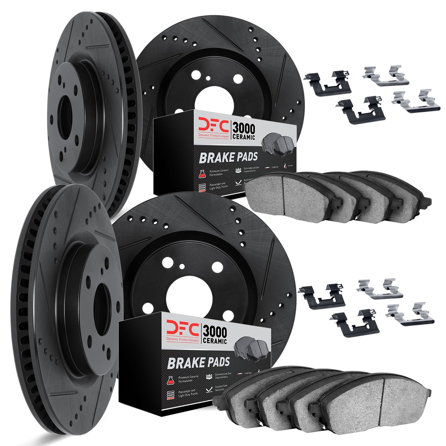 8314-31055 Drilled/Slotted Brake Rotors with 3000-Series Ceramic Brake Pads Kit & Hardware [Black], 2006-2008 BMW, Position: Fro