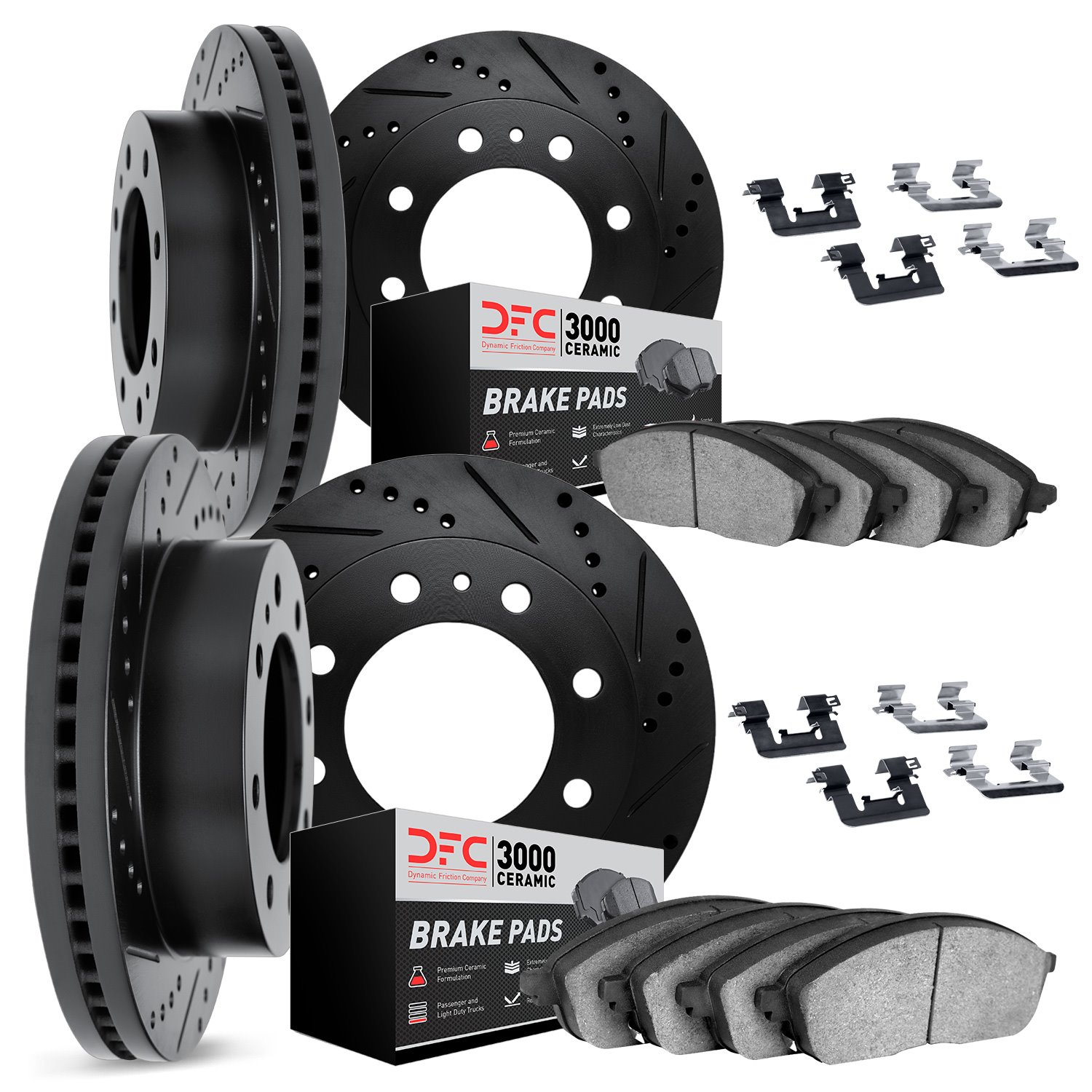 8314-48017 Drilled/Slotted Brake Rotors with 3000-Series Ceramic Brake Pads Kit & Hardware [Black], 2009-2020 GM, Position: Fron