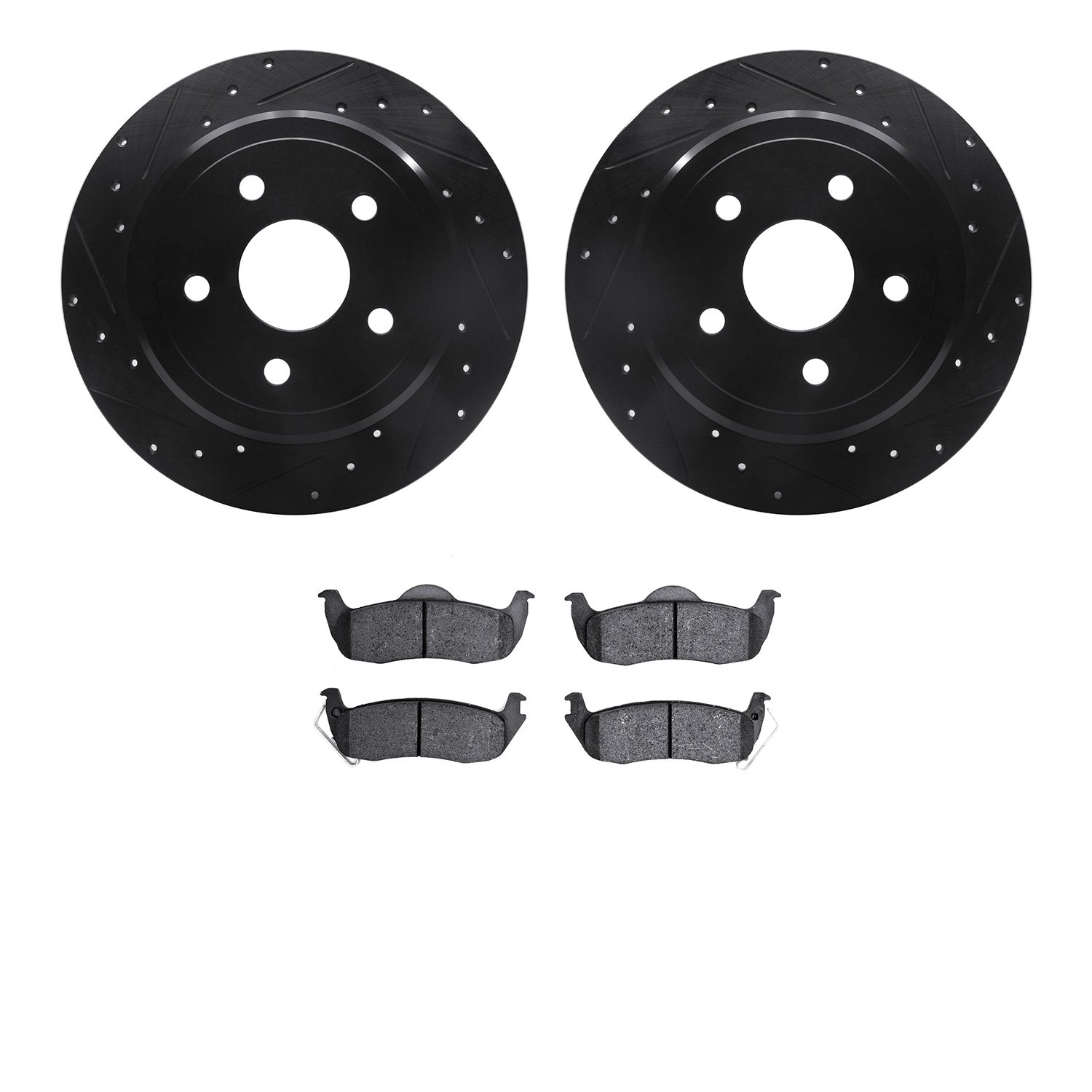 8402-42002 Drilled/Slotted Brake Rotors with Ultimate-Duty Brake Pads Kit [Black], 2005-2010 Mopar, Position: Rear