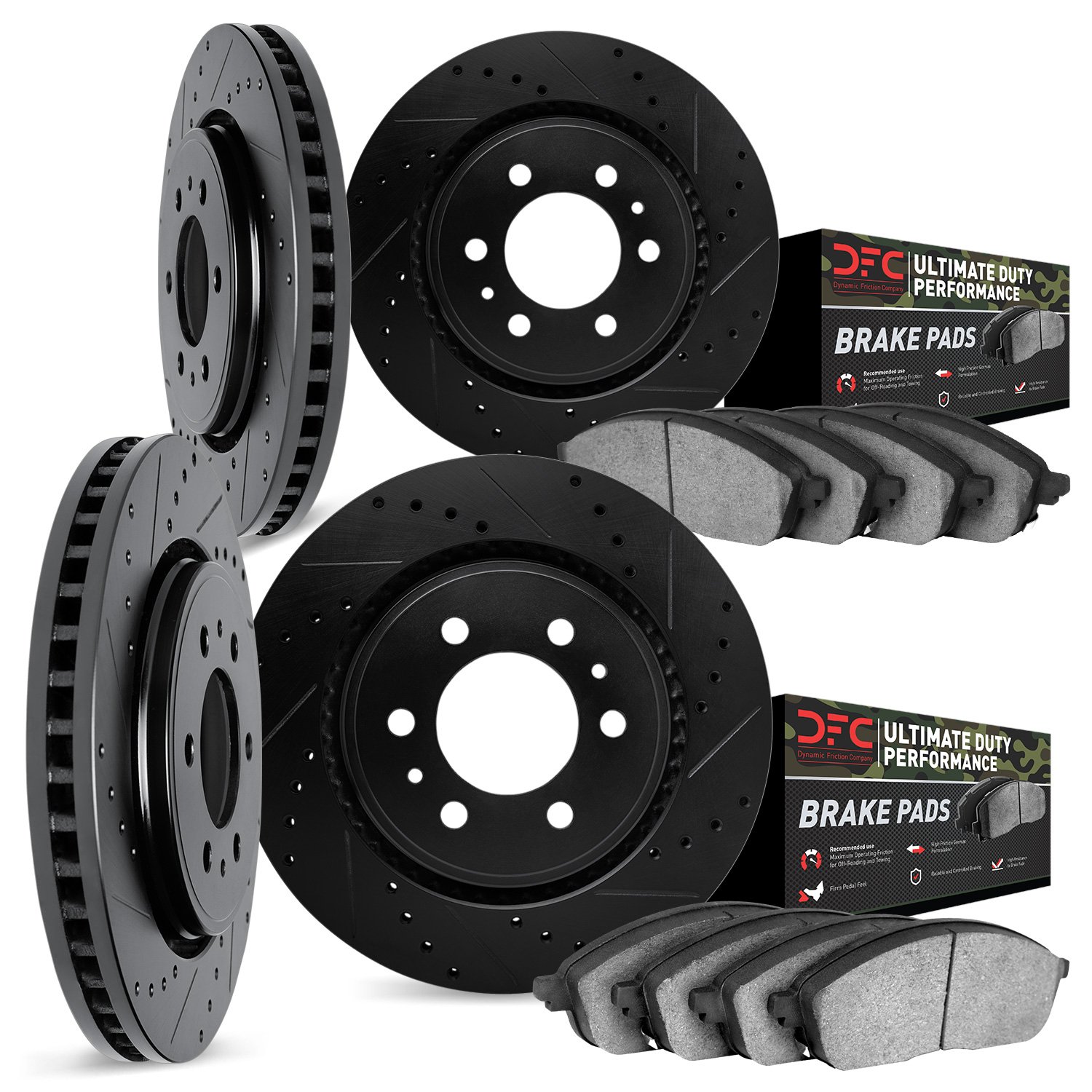 8404-48012 Drilled/Slotted Brake Rotors with Ultimate-Duty Brake Pads Kit [Black], 2009-2014 GM, Position: Front and Rear