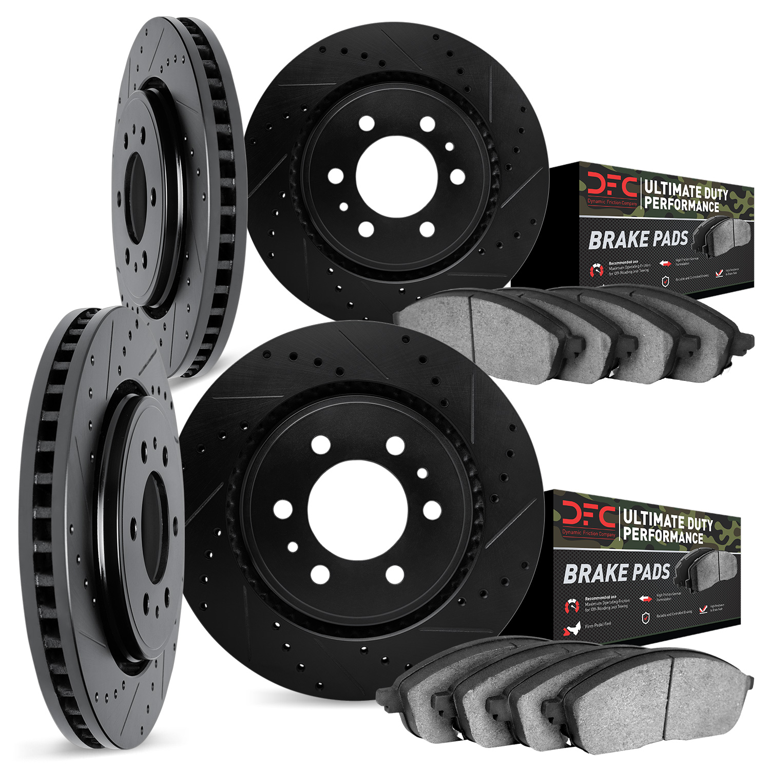 8404-48016 Drilled/Slotted Brake Rotors with Ultimate-Duty Brake Pads Kit [Black], 2014-2020 GM, Position: Front and Rear