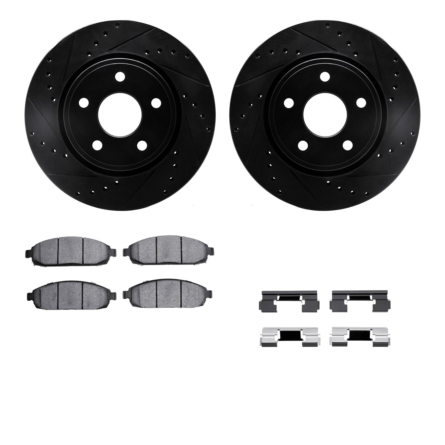 8412-42001 Drilled/Slotted Brake Rotors with Ultimate-Duty Brake Pads Kit & Hardware [Black], 2005-2010 Mopar, Position: Front