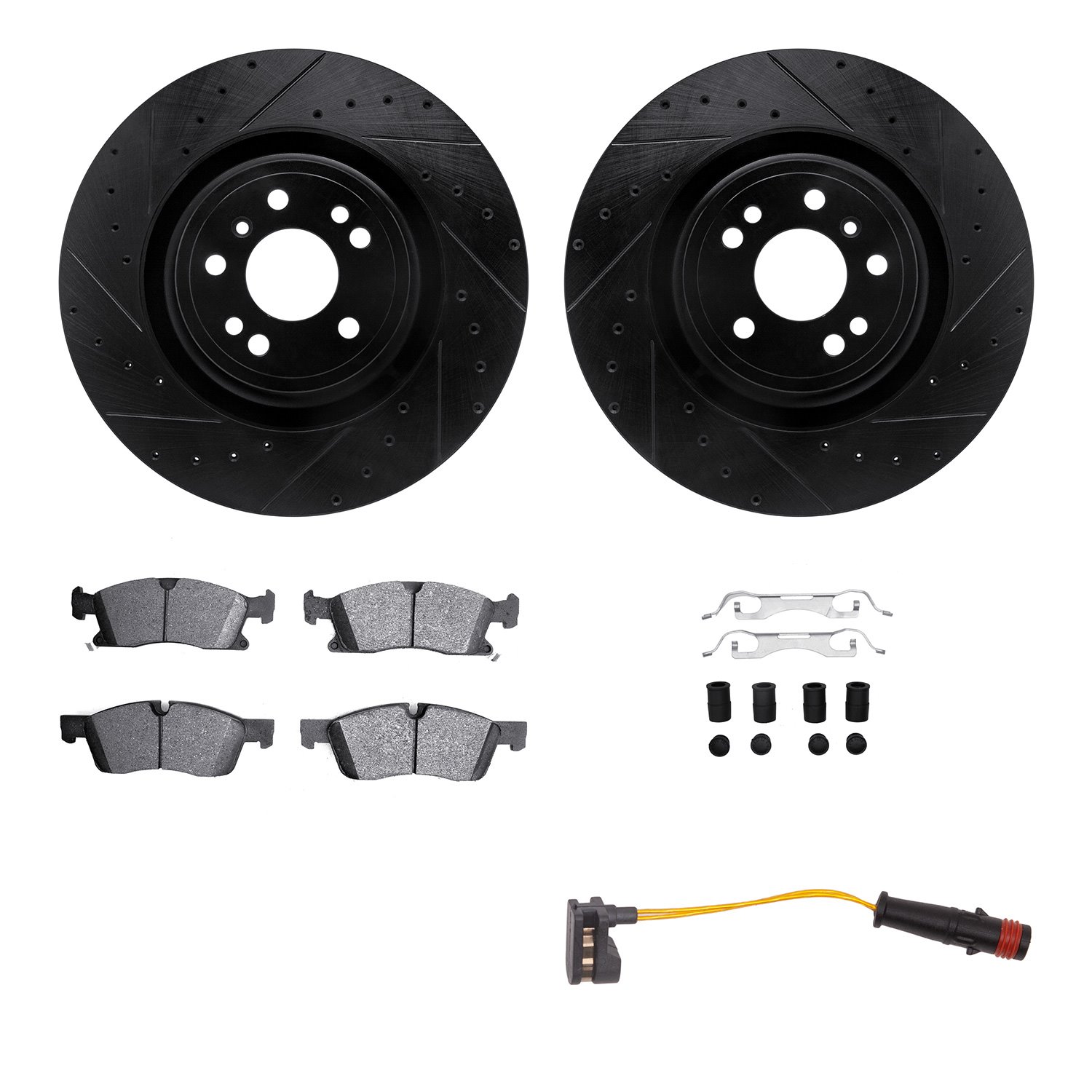 8422-63003 Drilled/Slotted Brake Rotors with Ultimate-Duty Brake Pads/Sensor & Hardware Kit [Black], 2013-2019 Mercedes-Benz, Po