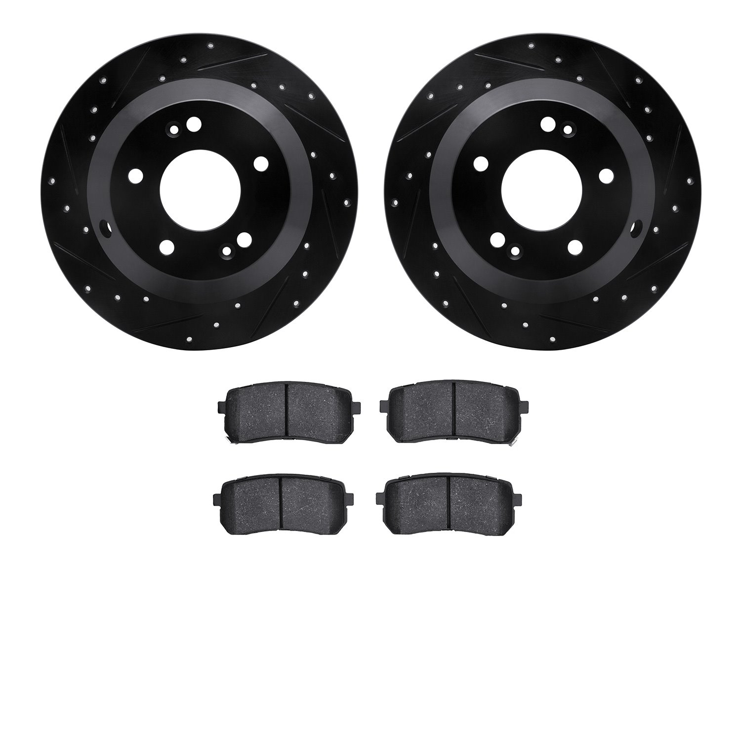 8502-03081 Drilled/Slotted Brake Rotors w/5000 Advanced Brake Pads Kit [Black], 2015-2021 Kia/Hyundai/Genesis, Position: Rear