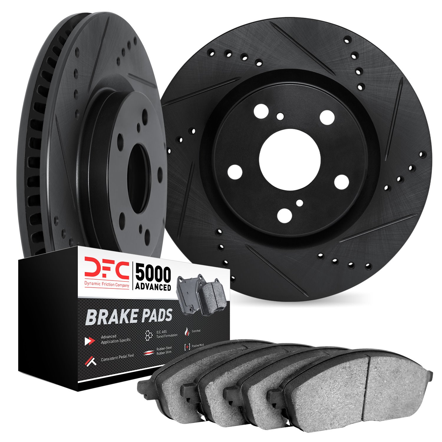 8502-20048 Drilled/Slotted Brake Rotors w/5000 Advanced Brake Pads Kit [Black], 2018-2020 Multiple Makes/Models, Position: Front