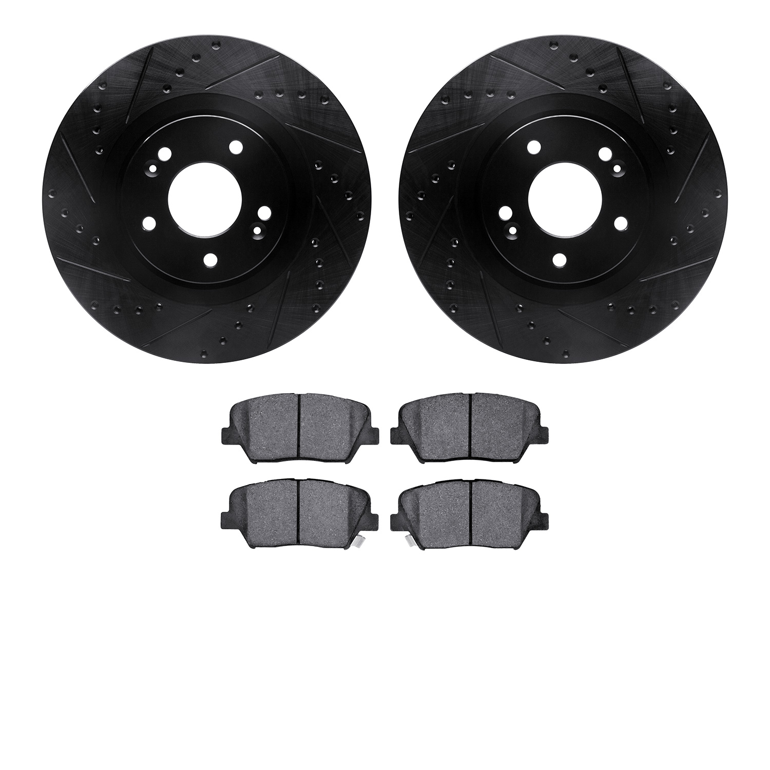 8502-21039 Drilled/Slotted Brake Rotors w/5000 Advanced Brake Pads Kit [Black], 2015-2020 Kia/Hyundai/Genesis, Position: Front