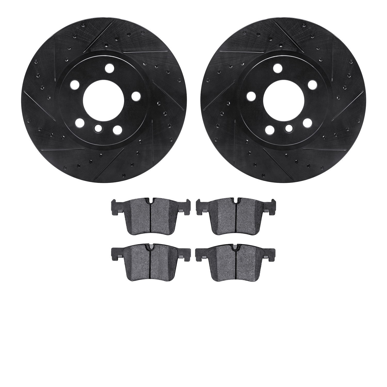 8502-31146 Drilled/Slotted Brake Rotors w/5000 Advanced Brake Pads Kit [Black], 2015-2018 BMW, Position: Front