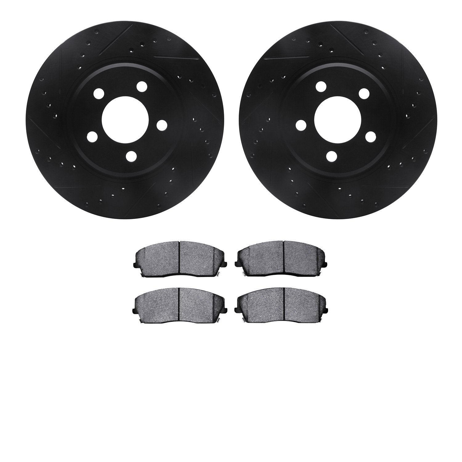 8502-39006 Drilled/Slotted Brake Rotors w/5000 Advanced Brake Pads Kit [Black], Fits Select Mopar, Position: Front