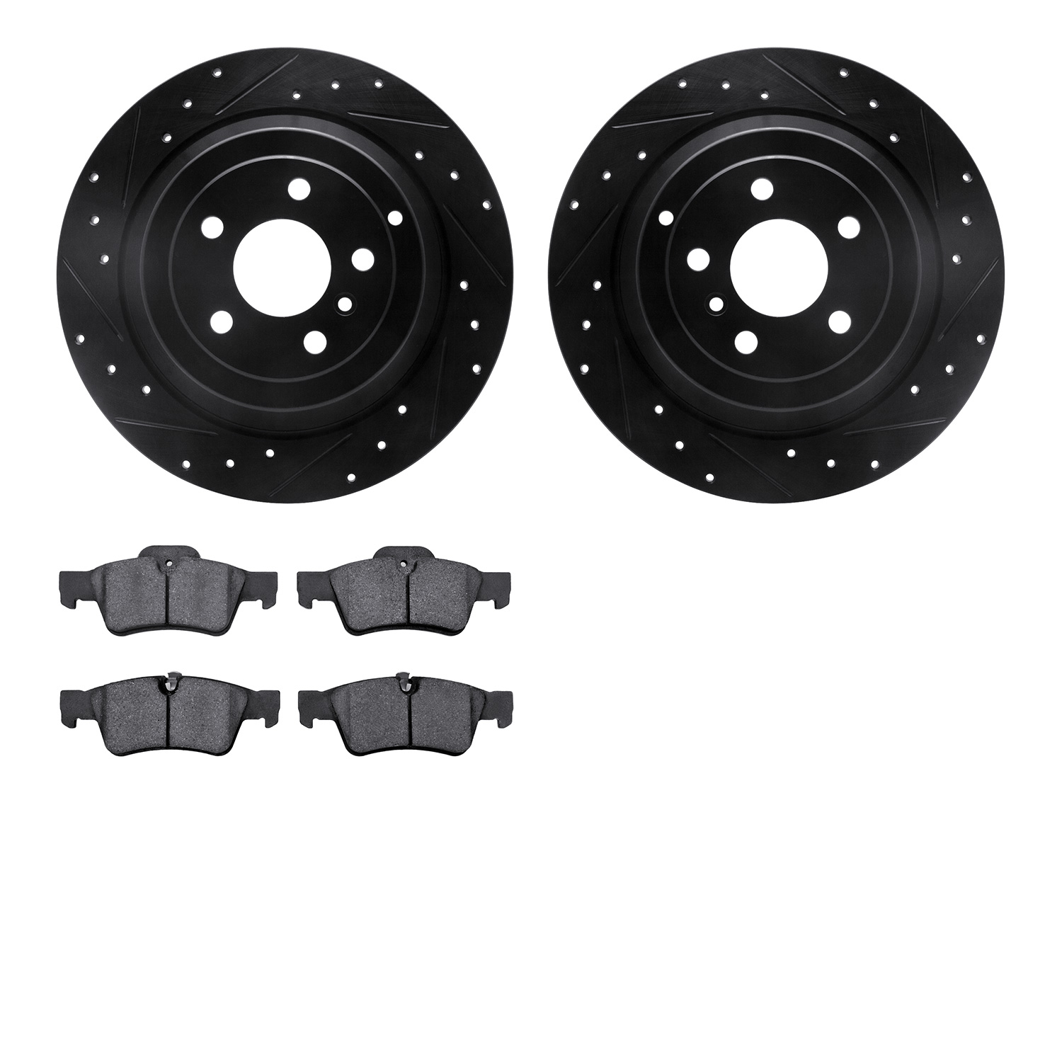 8502-63106 Drilled/Slotted Brake Rotors w/5000 Advanced Brake Pads Kit [Black], 2006-2012 Mercedes-Benz, Position: Rear