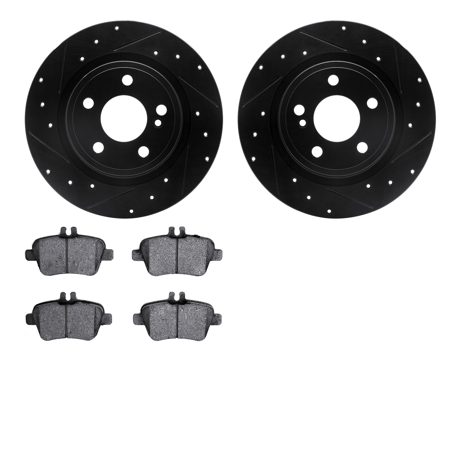 8502-63139 Drilled/Slotted Brake Rotors w/5000 Advanced Brake Pads Kit [Black], 2014-2019 Mercedes-Benz, Position: Rear