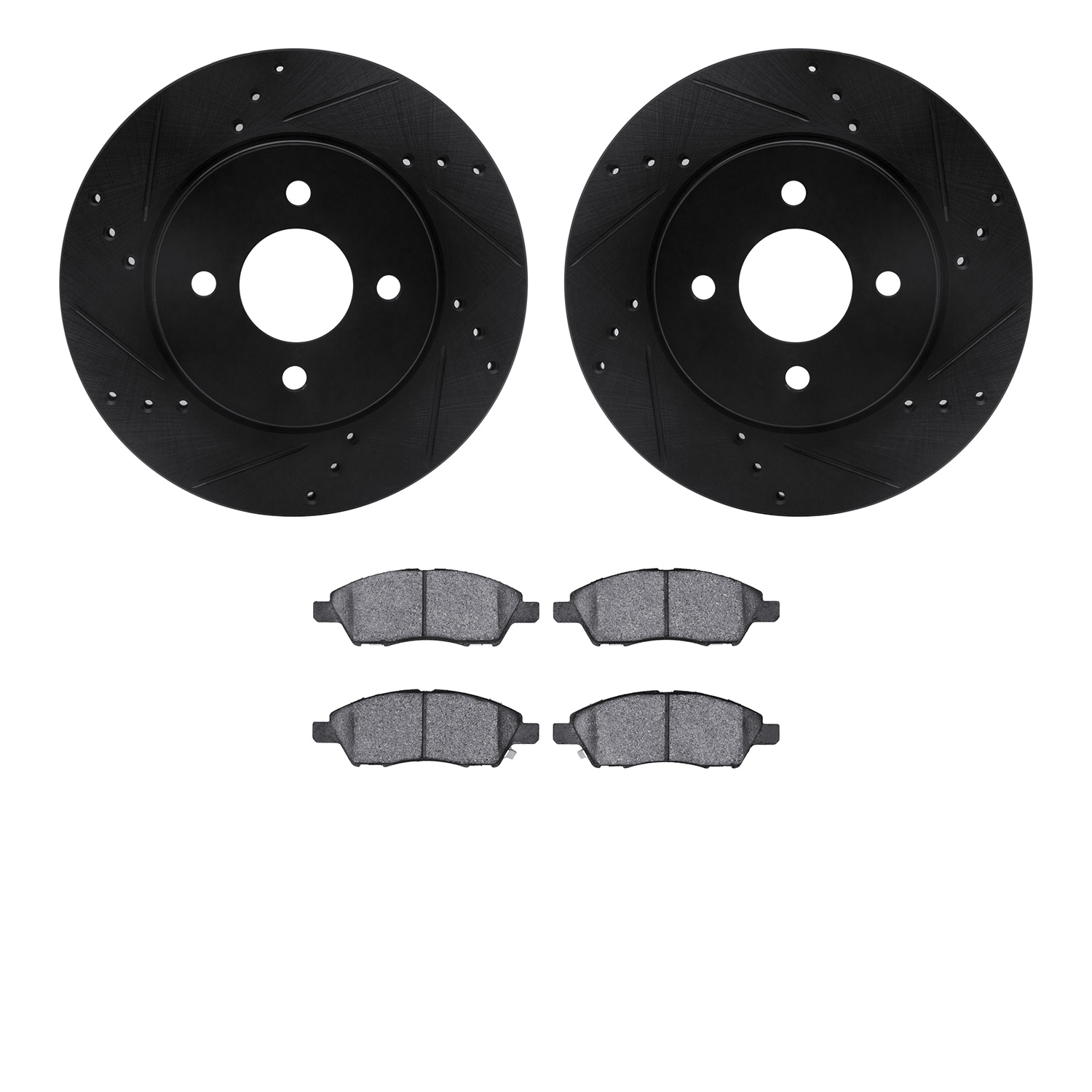 8502-67064 Drilled/Slotted Brake Rotors w/5000 Advanced Brake Pads Kit [Black], 2012-2019 Infiniti/Nissan, Position: Front