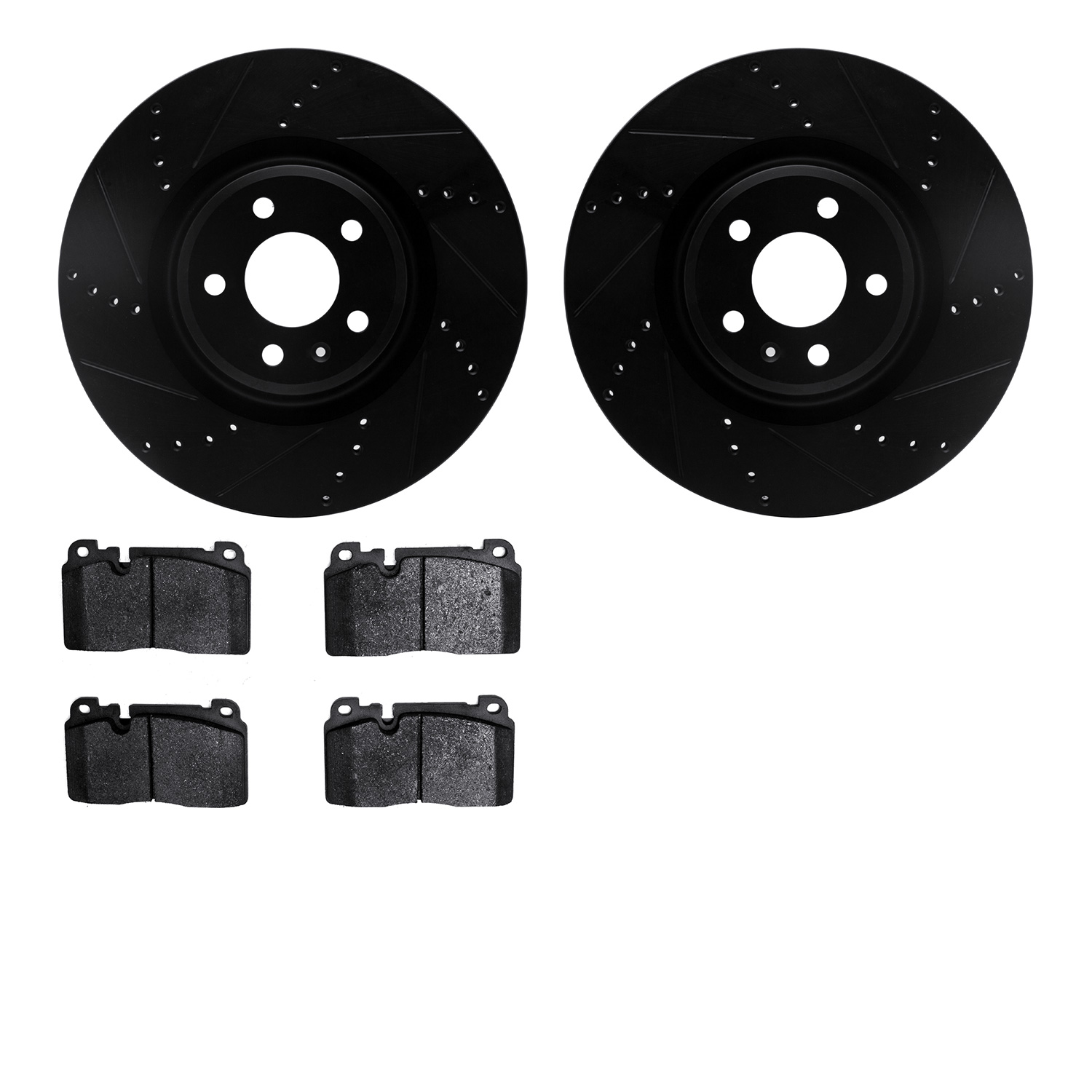 8502-73085 Drilled/Slotted Brake Rotors w/5000 Advanced Brake Pads Kit [Black], 2013-2020 Multiple Makes/Models, Position: Front