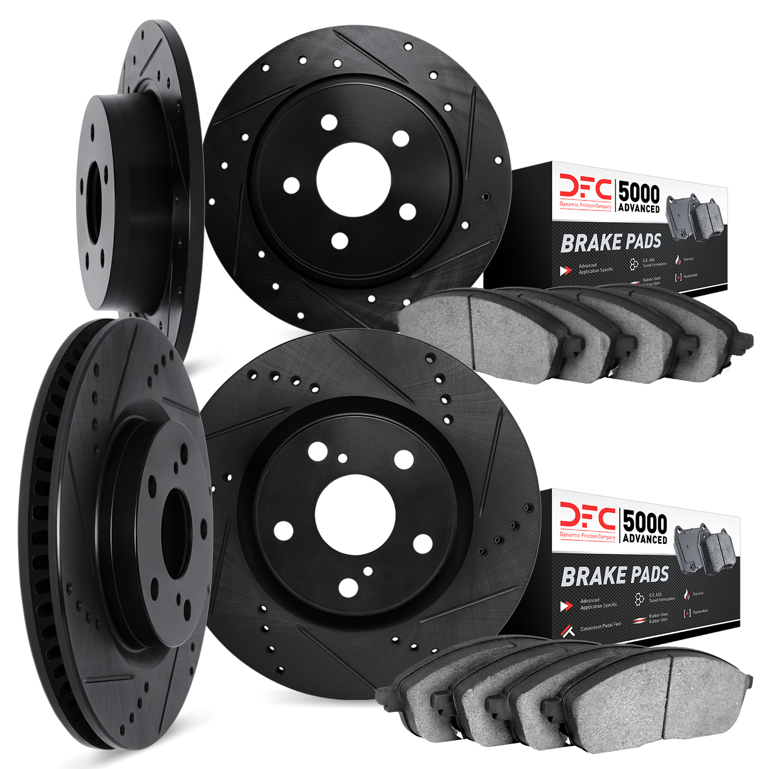 8504-11016 Drilled/Slotted Brake Rotors w/5000 Advanced Brake Pads Kit [Black], 2016-2019 Land Rover, Position: Front and Rear