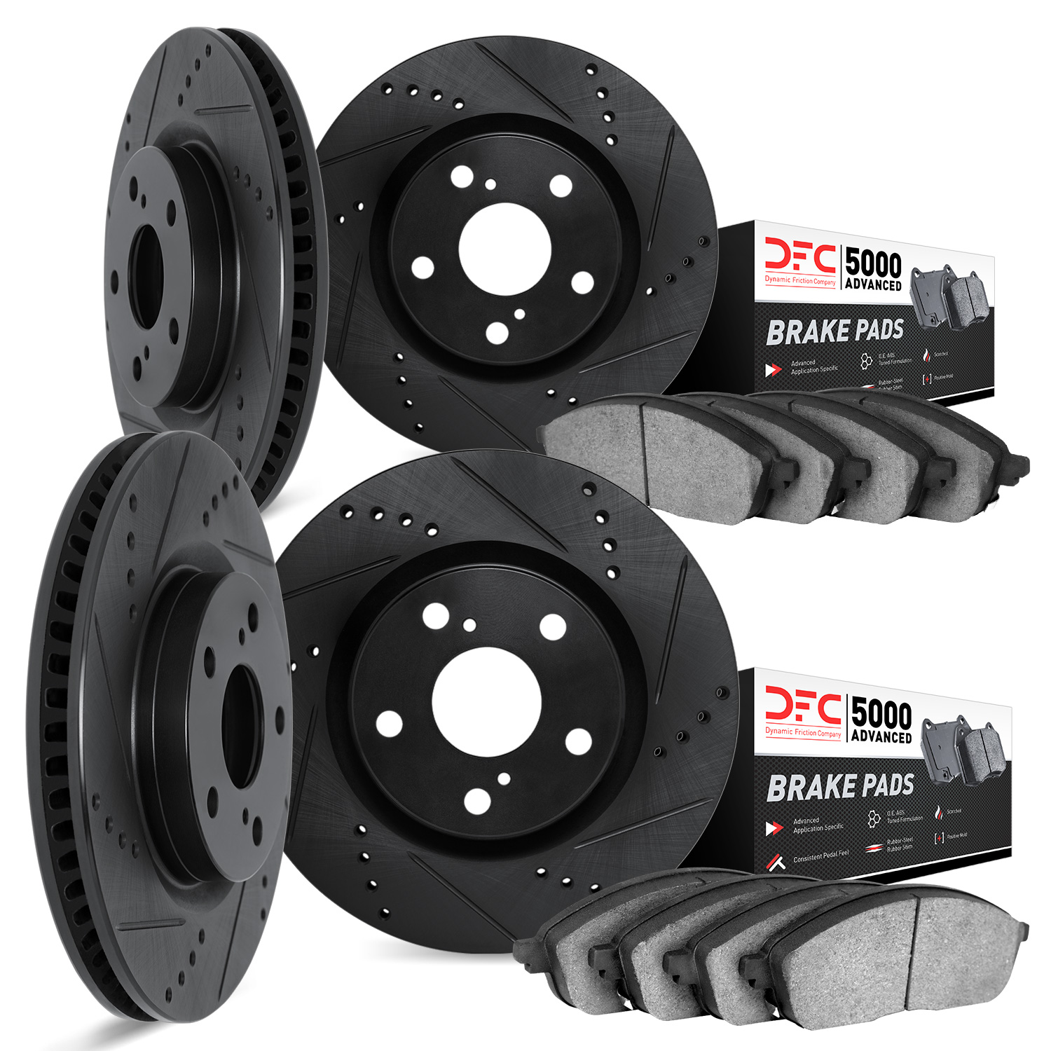 8504-13007 Drilled/Slotted Brake Rotors w/5000 Advanced Brake Pads Kit [Black], 2017-2020 Multiple Makes/Models, Position: Front