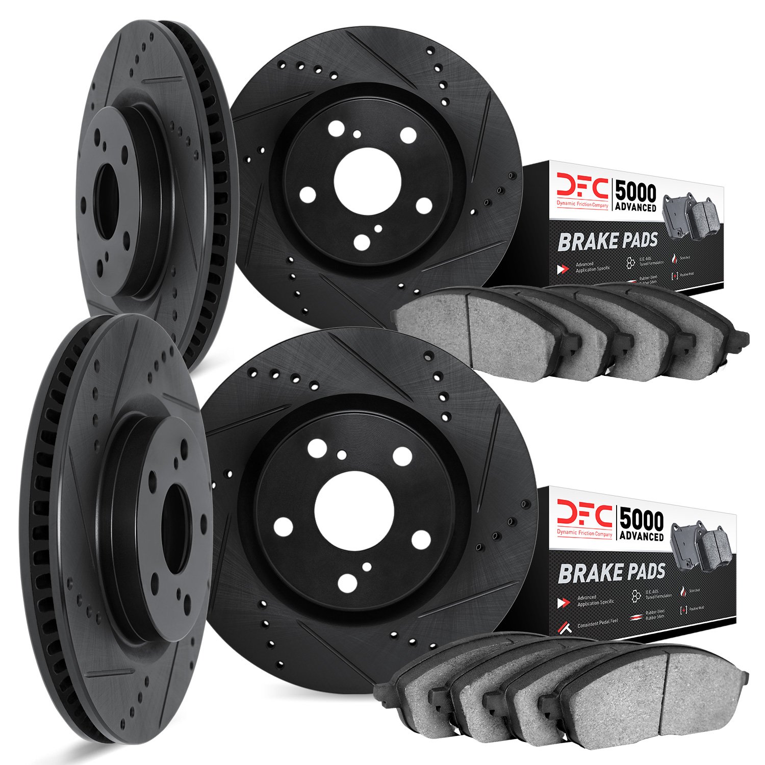 8504-31042 Drilled/Slotted Brake Rotors w/5000 Advanced Brake Pads Kit [Black], 2012-2019 BMW, Position: Front and Rear