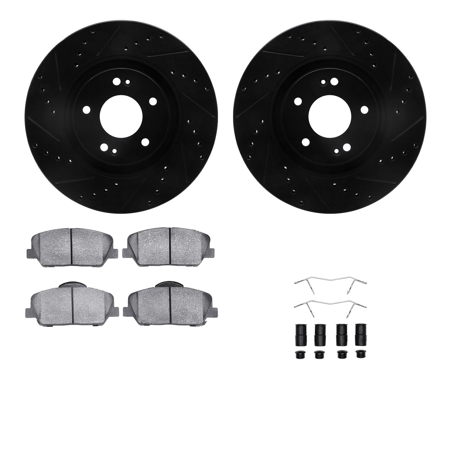8512-03003 Drilled/Slotted Brake Rotors w/5000 Advanced Brake Pads Kit & Hardware [Black], 2011-2015 Kia/Hyundai/Genesis, Positi