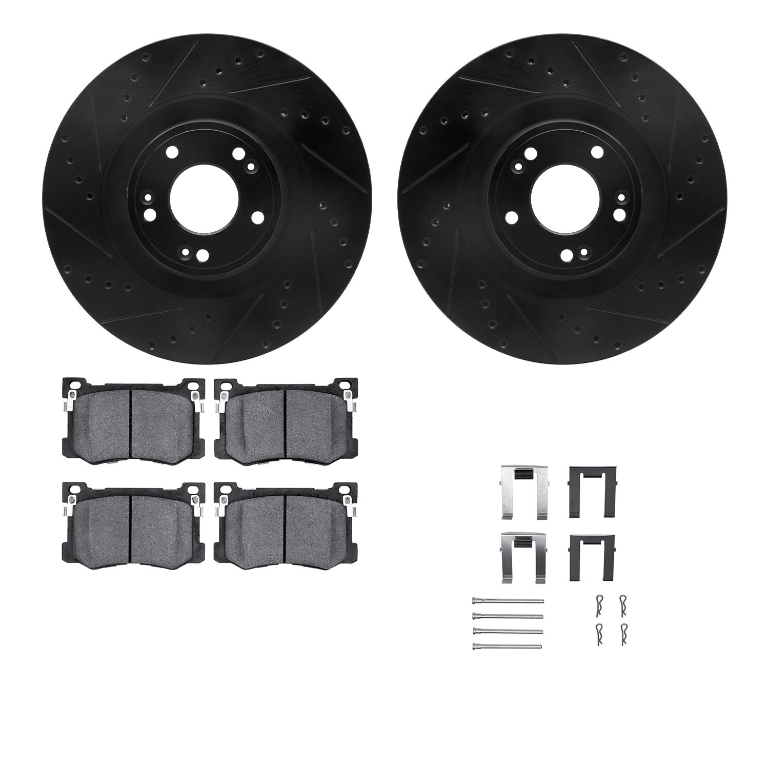 8512-03070 Drilled/Slotted Brake Rotors w/5000 Advanced Brake Pads Kit & Hardware [Black], 2015-2017 Kia/Hyundai/Genesis, Positi