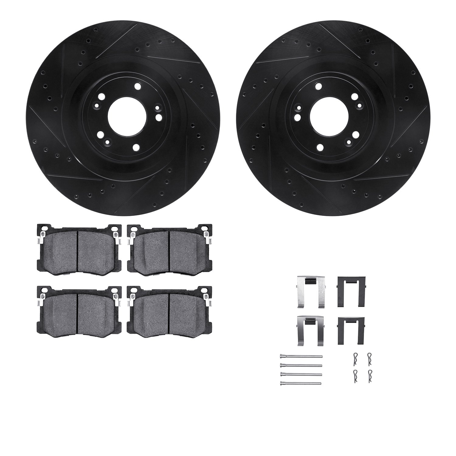 8512-03087 Drilled/Slotted Brake Rotors w/5000 Advanced Brake Pads Kit & Hardware [Black], 2015-2017 Kia/Hyundai/Genesis, Positi