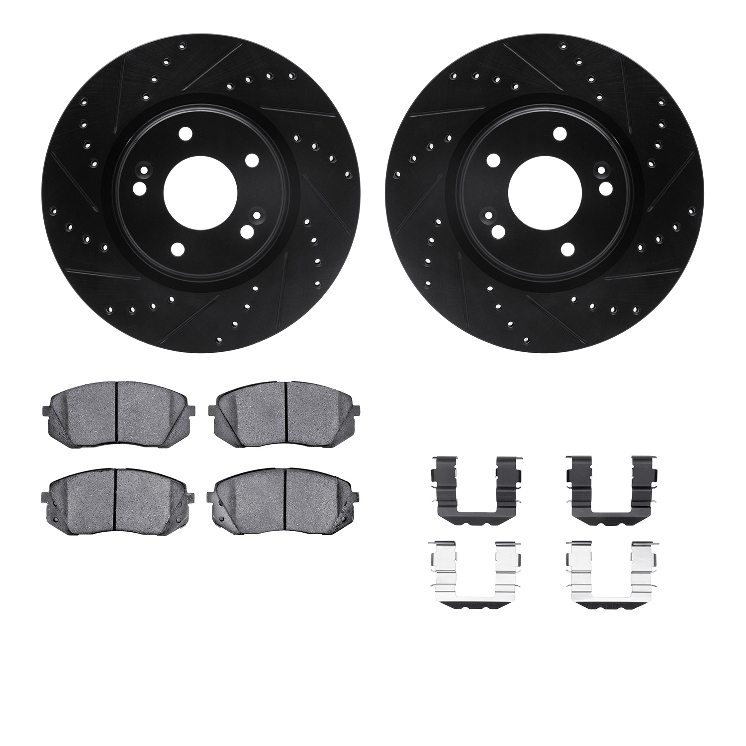 8512-03101 Drilled/Slotted Brake Rotors w/5000 Advanced Brake Pads Kit & Hardware [Black], 2015-2015 Kia/Hyundai/Genesis, Positi