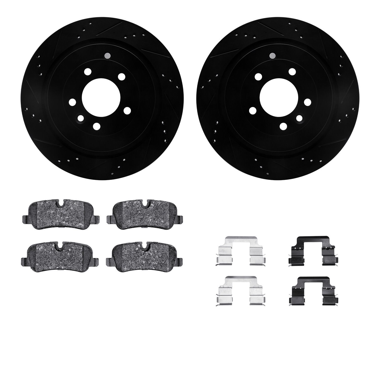 8512-11015 Drilled/Slotted Brake Rotors w/5000 Advanced Brake Pads Kit & Hardware [Black], 2005-2016 Land Rover, Position: Rear