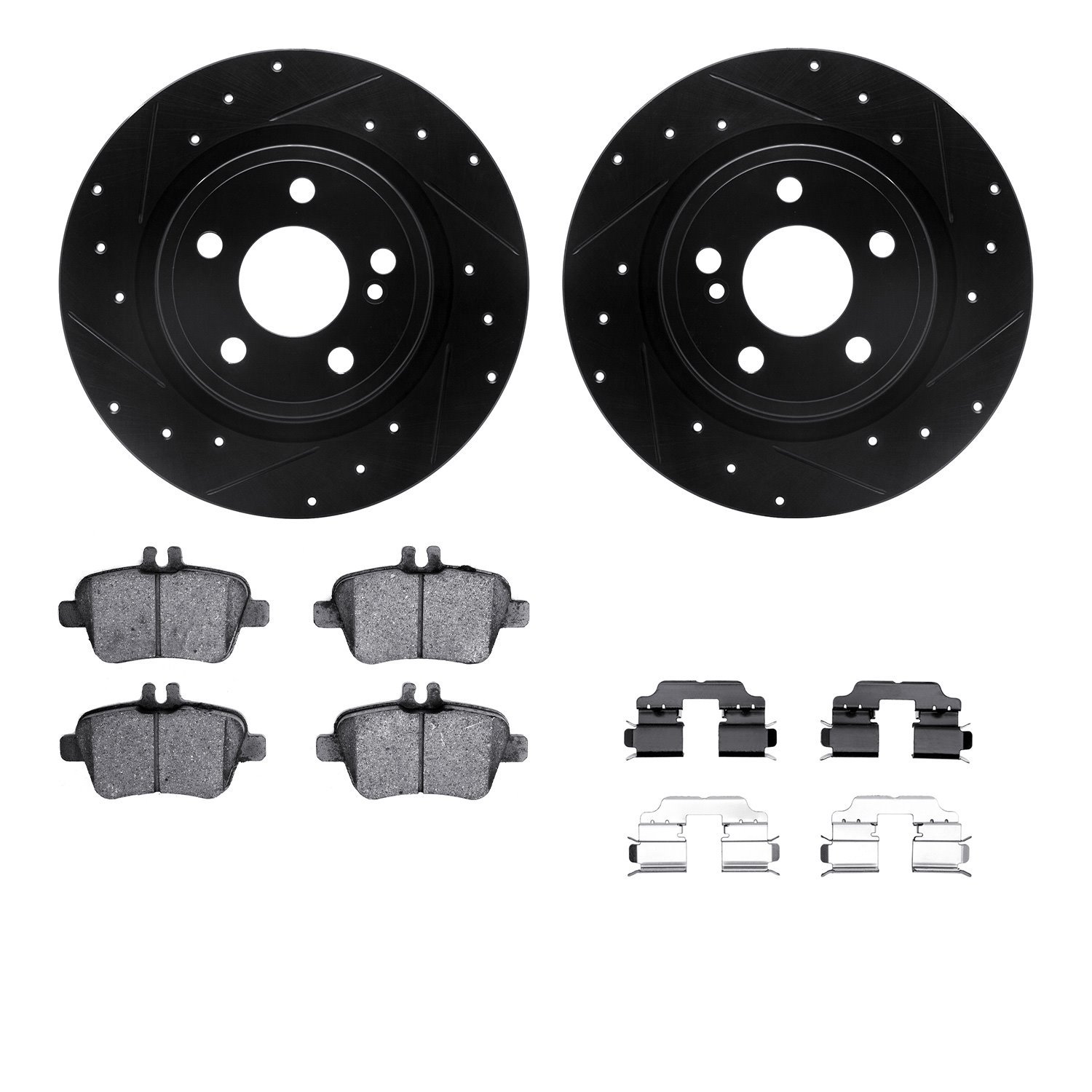 8512-63066 Drilled/Slotted Brake Rotors w/5000 Advanced Brake Pads Kit & Hardware [Black], 2014-2019 Mercedes-Benz, Position: Re