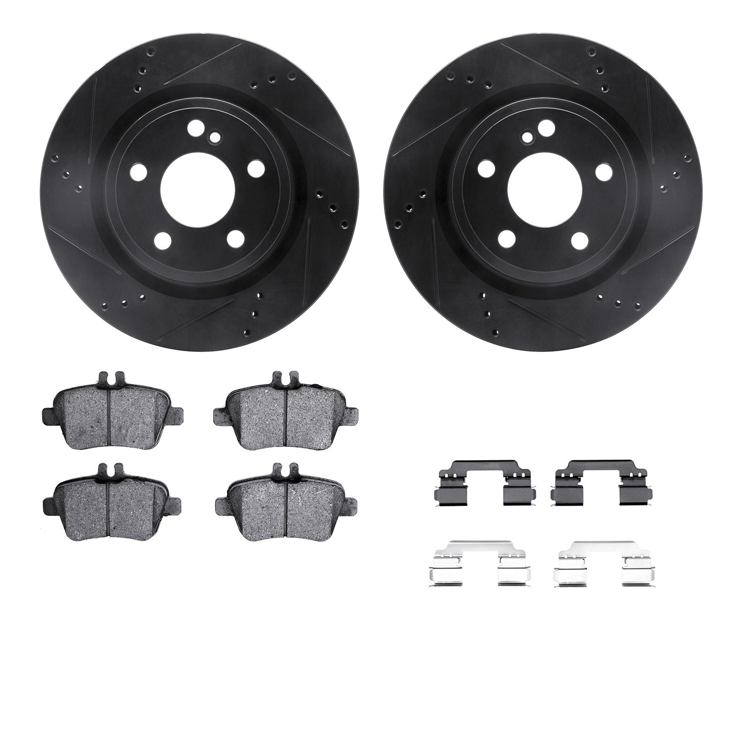 8512-63079 Drilled/Slotted Brake Rotors w/5000 Advanced Brake Pads Kit & Hardware [Black], 2014-2019 Mercedes-Benz, Position: Re