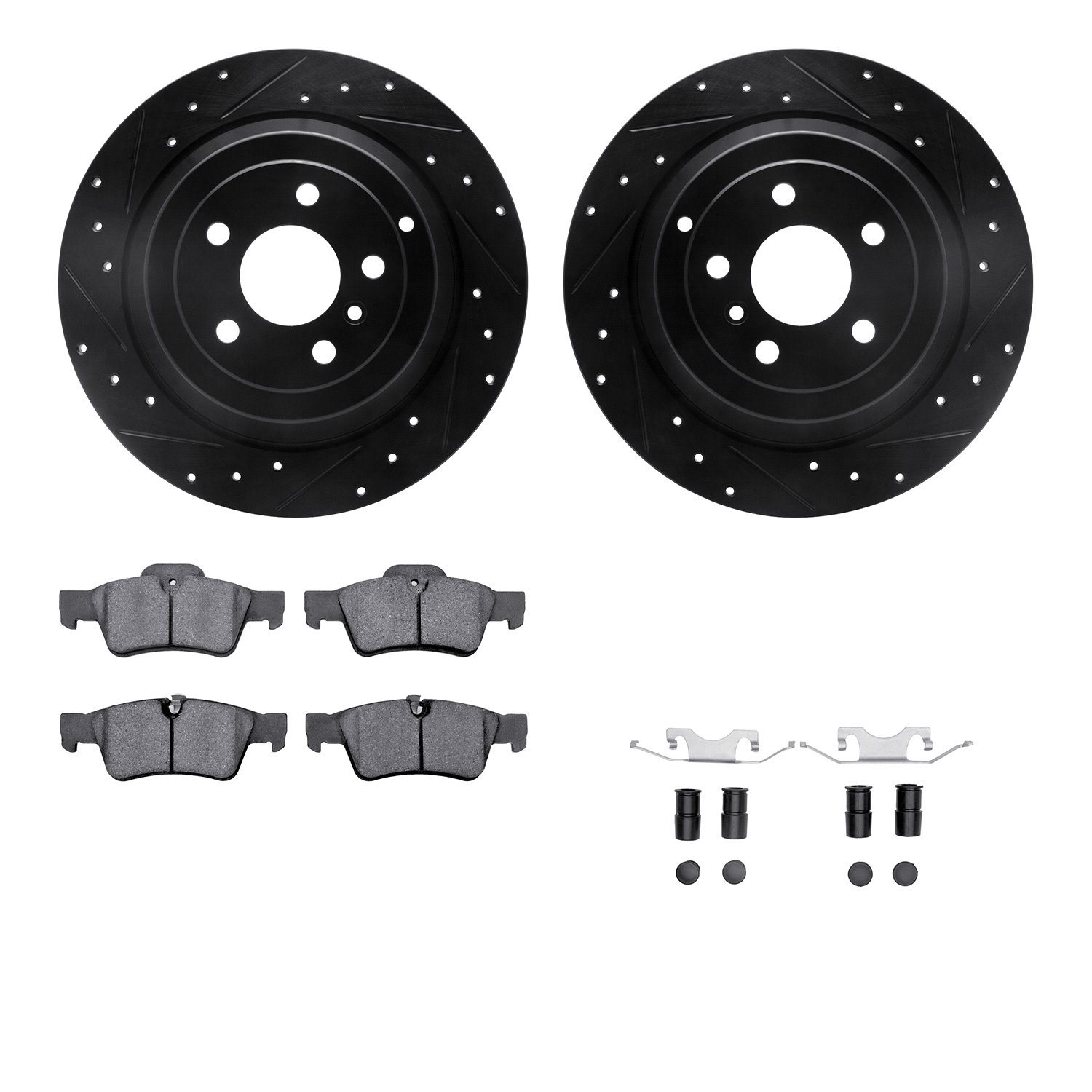 8512-63106 Drilled/Slotted Brake Rotors w/5000 Advanced Brake Pads Kit & Hardware [Black], 2006-2012 Mercedes-Benz, Position: Re