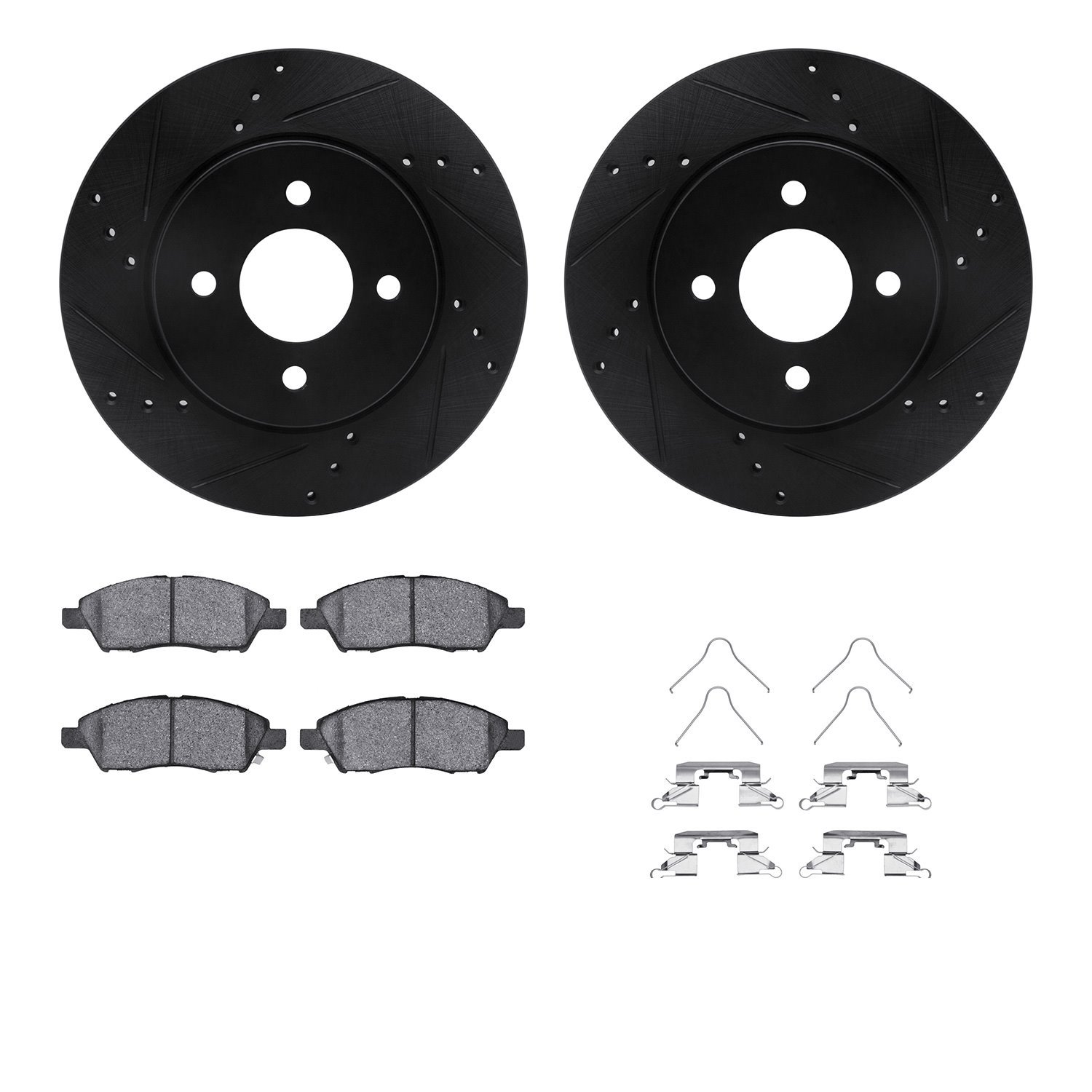 8512-67075 Drilled/Slotted Brake Rotors w/5000 Advanced Brake Pads Kit & Hardware [Black], 2012-2019 Infiniti/Nissan, Position: