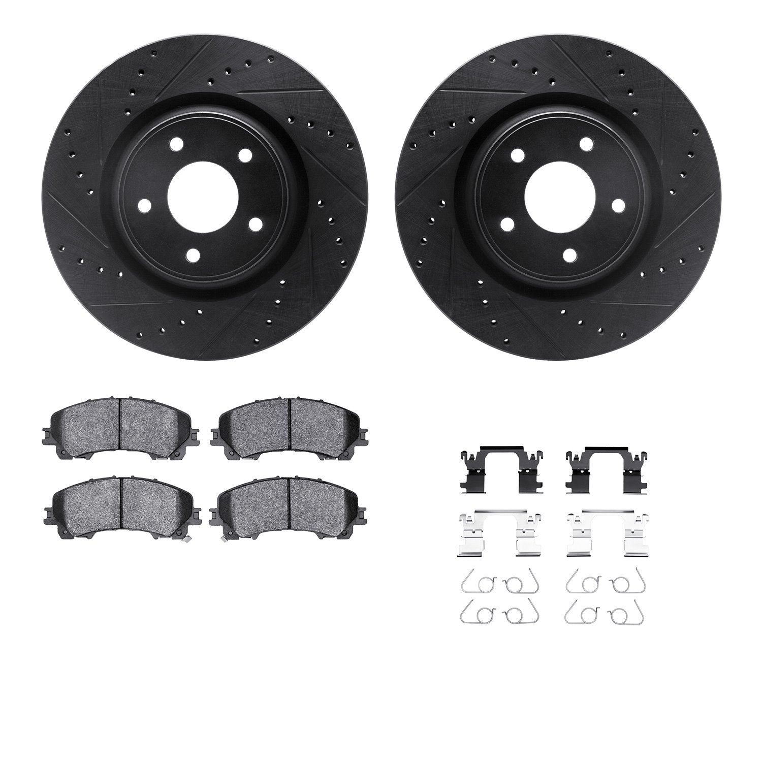 8512-67128 Drilled/Slotted Brake Rotors w/5000 Advanced Brake Pads Kit & Hardware [Black], 2014-2019 Infiniti/Nissan, Position: