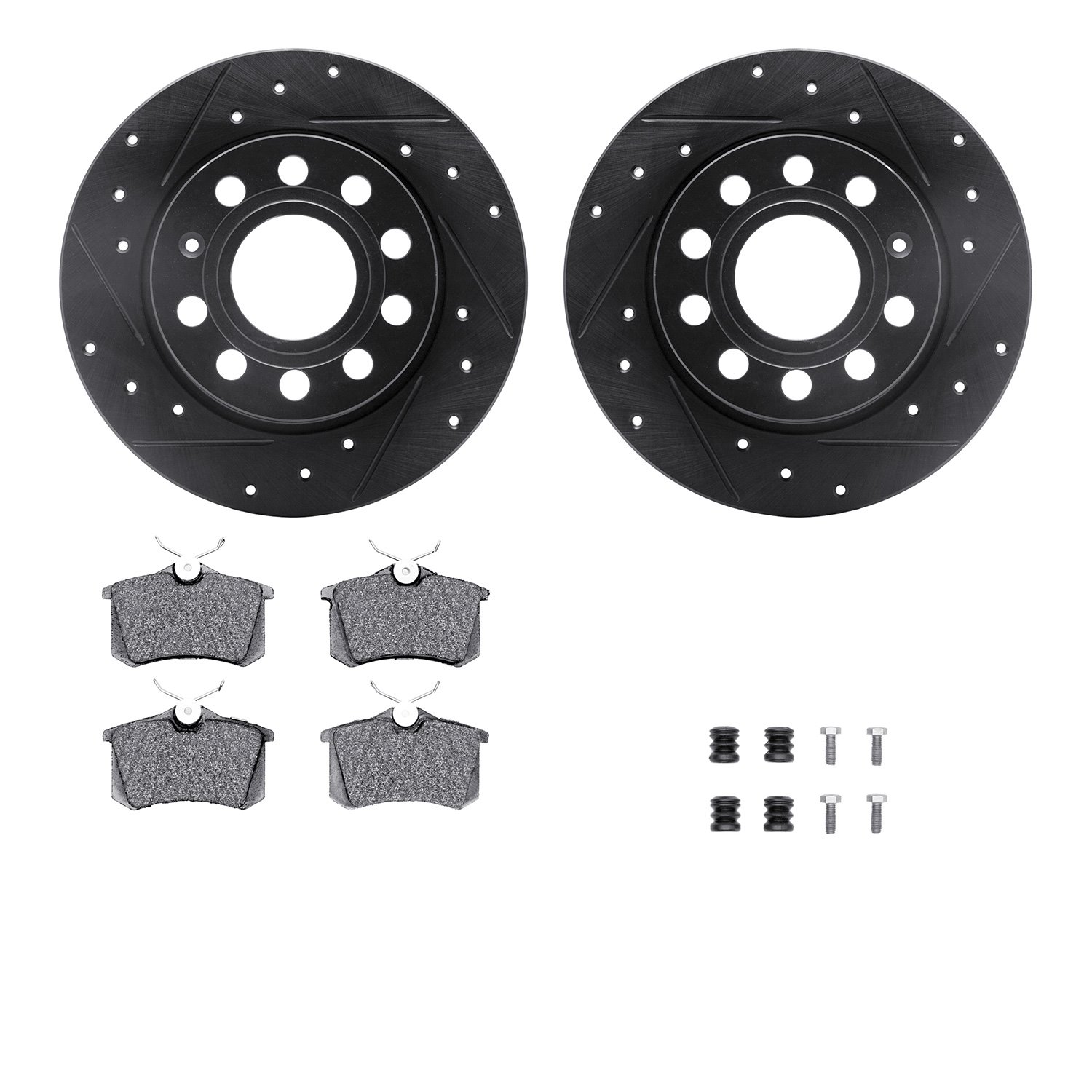 8512-74068 Drilled/Slotted Brake Rotors w/5000 Advanced Brake Pads Kit & Hardware [Black], 2010-2013 Audi/Volkswagen, Position: