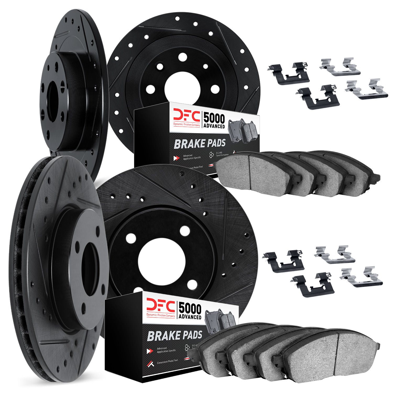 8514-01001 Drilled/Slotted Brake Rotors w/5000 Advanced Brake Pads Kit & Hardware [Black], 2007-2010 Multiple Makes/Models, Posi