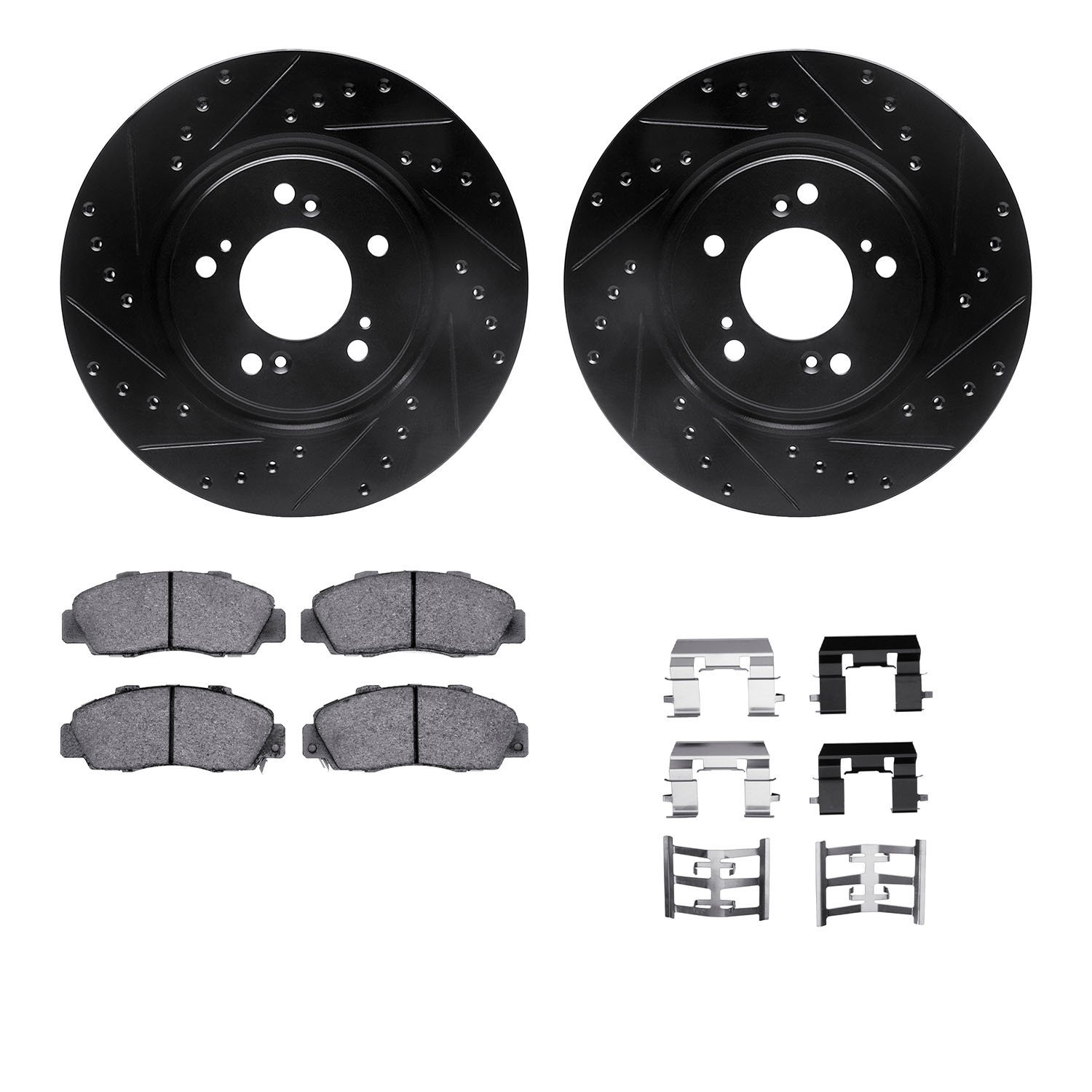 8612-58004 Drilled/Slotted Brake Rotors w/5000 Euro Ceramic Brake Pads Kit & Hardware [Black], 1997-2005 Acura/Honda, Position: