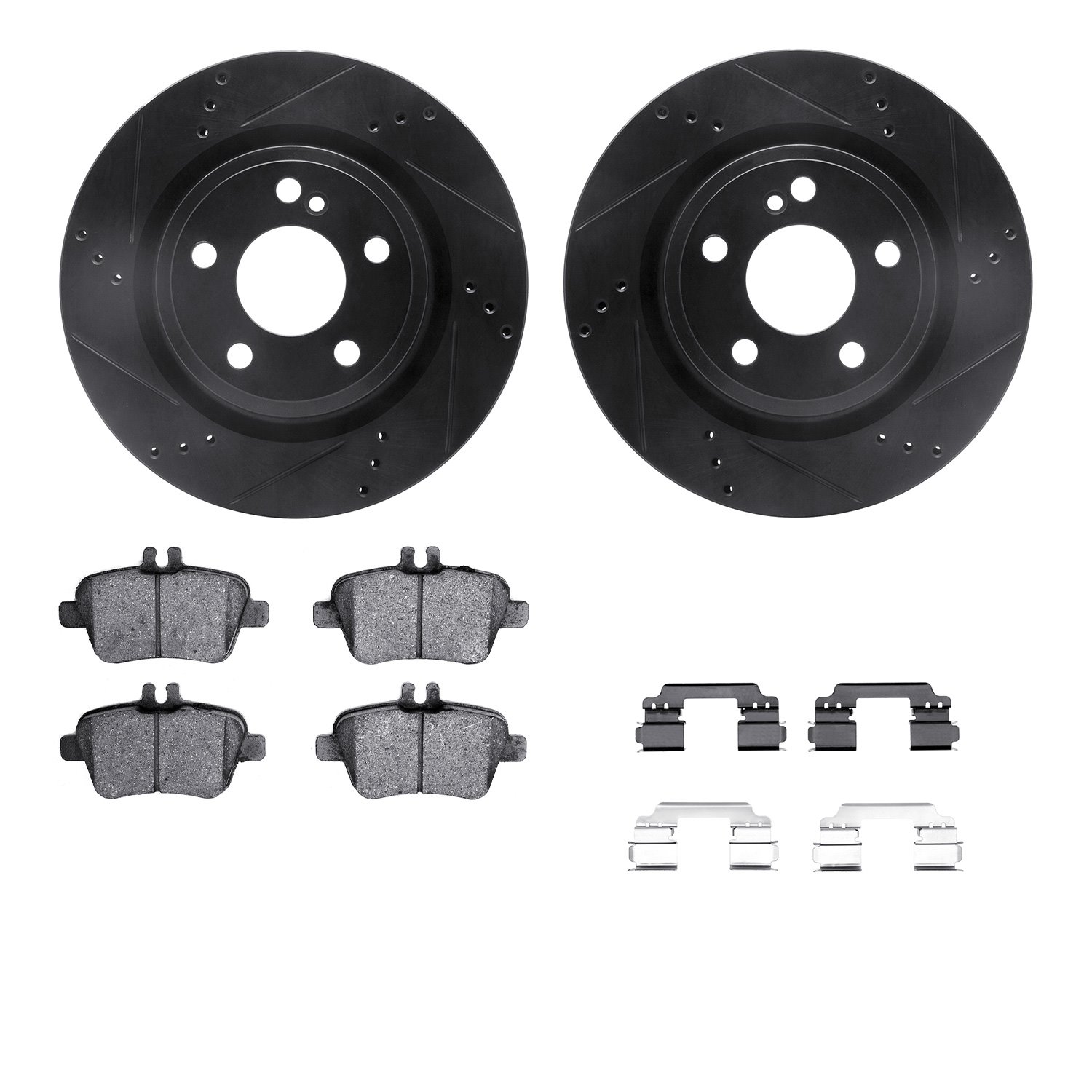 8612-63093 Drilled/Slotted Brake Rotors w/5000 Euro Ceramic Brake Pads Kit & Hardware [Black], 2014-2019 Mercedes-Benz, Position