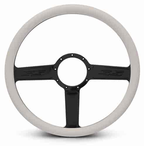 15 in. SS Logo Steering Wheel - Gloss Black Spokes, White Grip
