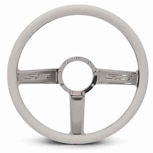 15 in. SS Logo Steering Wheel - Clear Coat Spokes, White Grip