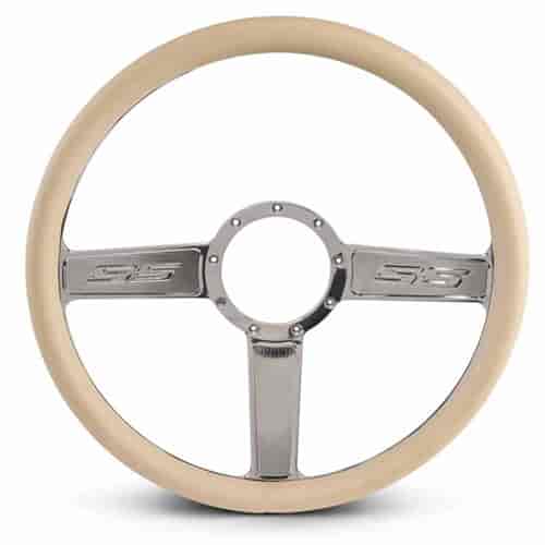 15 in. SS Logo Steering Wheel - Clear Coat Spokes, Tan Grip