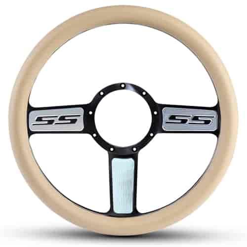 15 in. SS Logo Steering Wheel - Black Spokes with Machined Highlights, Tan Grip
