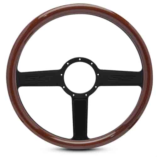 15 in. SS Logo Steering Wheel - Matte Black Spokes, Woodgrain Grip