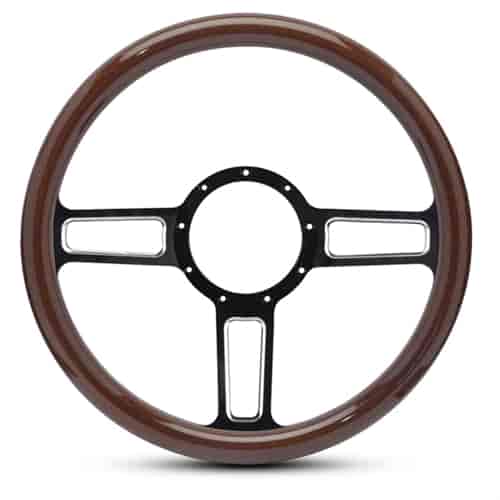 15 in. Launch Steering Wheel -  Black Spokes w/Machined Highlights, Woodgrain Grip