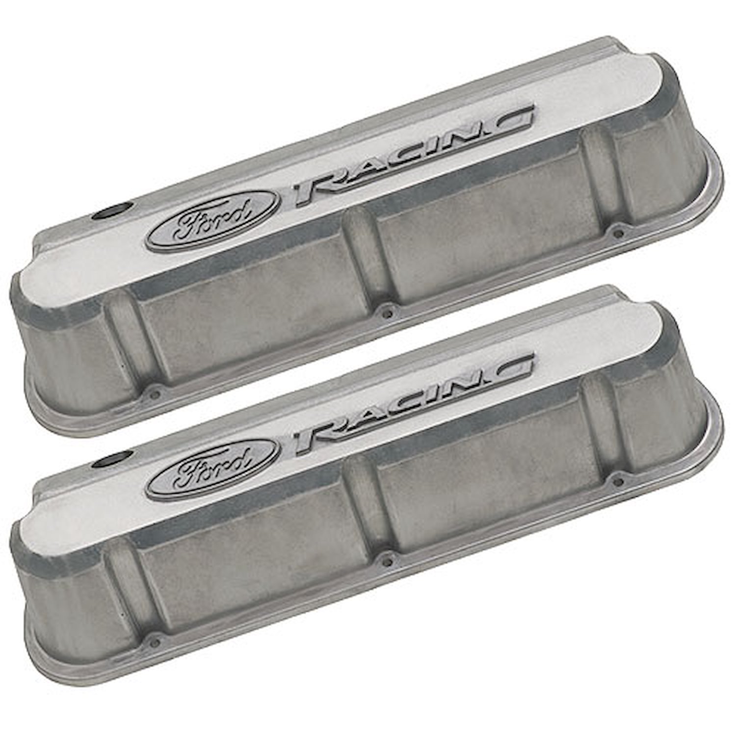 Slant-Edge Tall Aluminum Valve Covers for Small Block Ford 289-302-351W in Natural Cast Finish with Raised Ford Racing Emblem