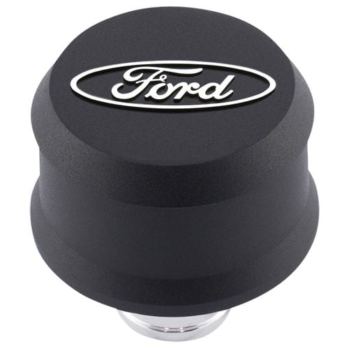Push-In Aluminum Valve Cover Air Breather Cap with Raised & Machined Oval Ford Emblem in Black Crinkle Finish